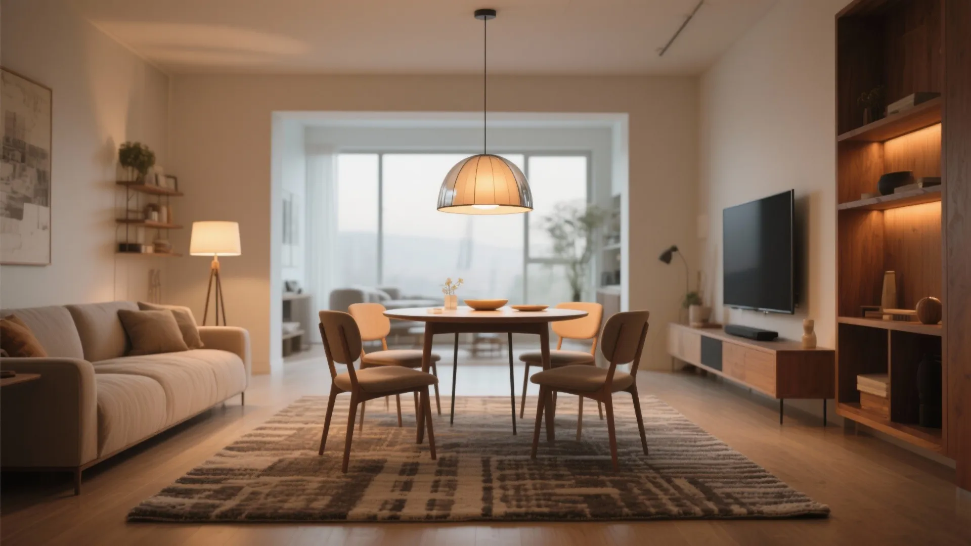 Warm living space with a round dining table ceiling light beige sofa and wooden cabinet