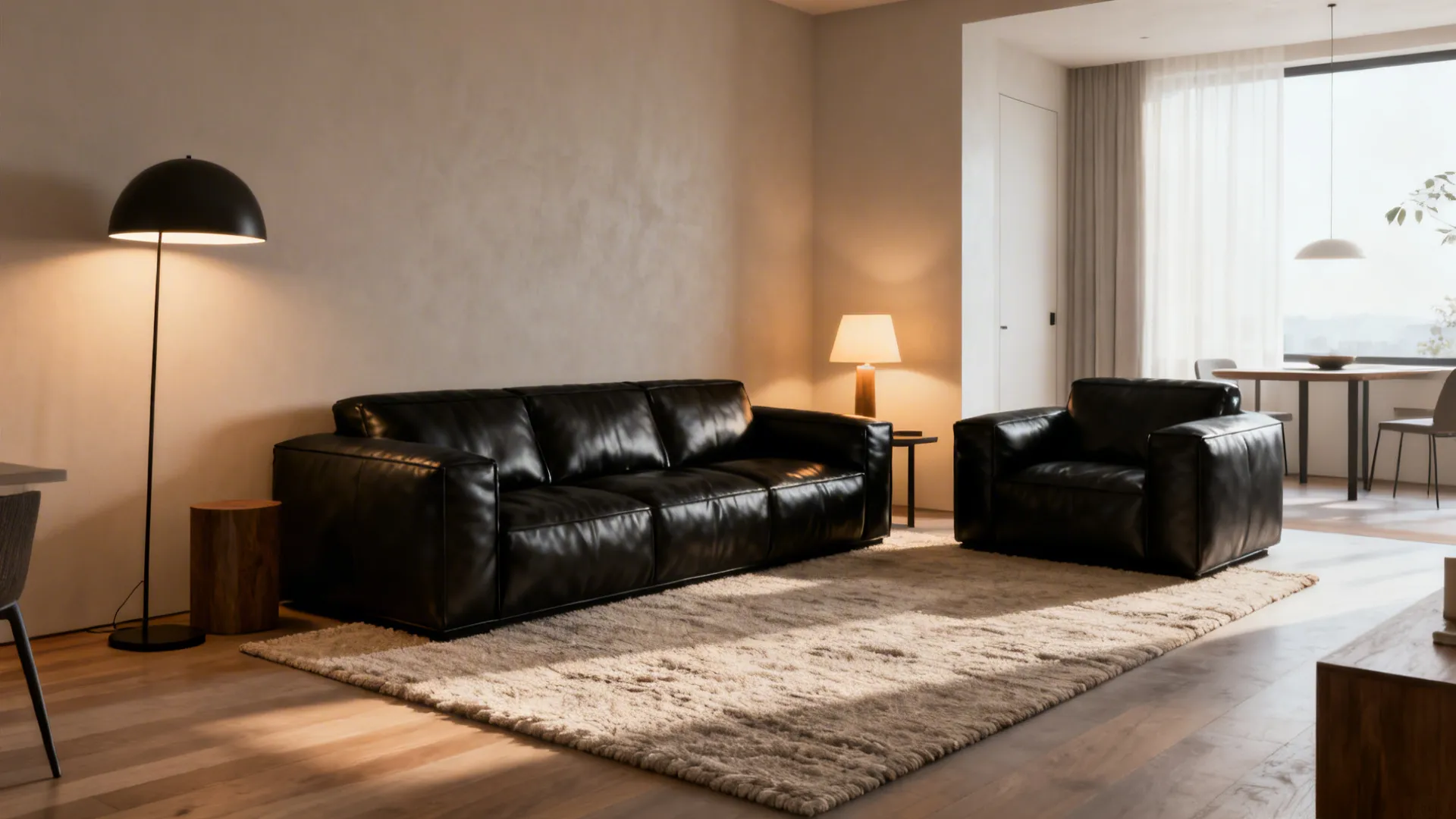 Open-plan living area with a textured rug defining the black leather seating zone and layered lamps