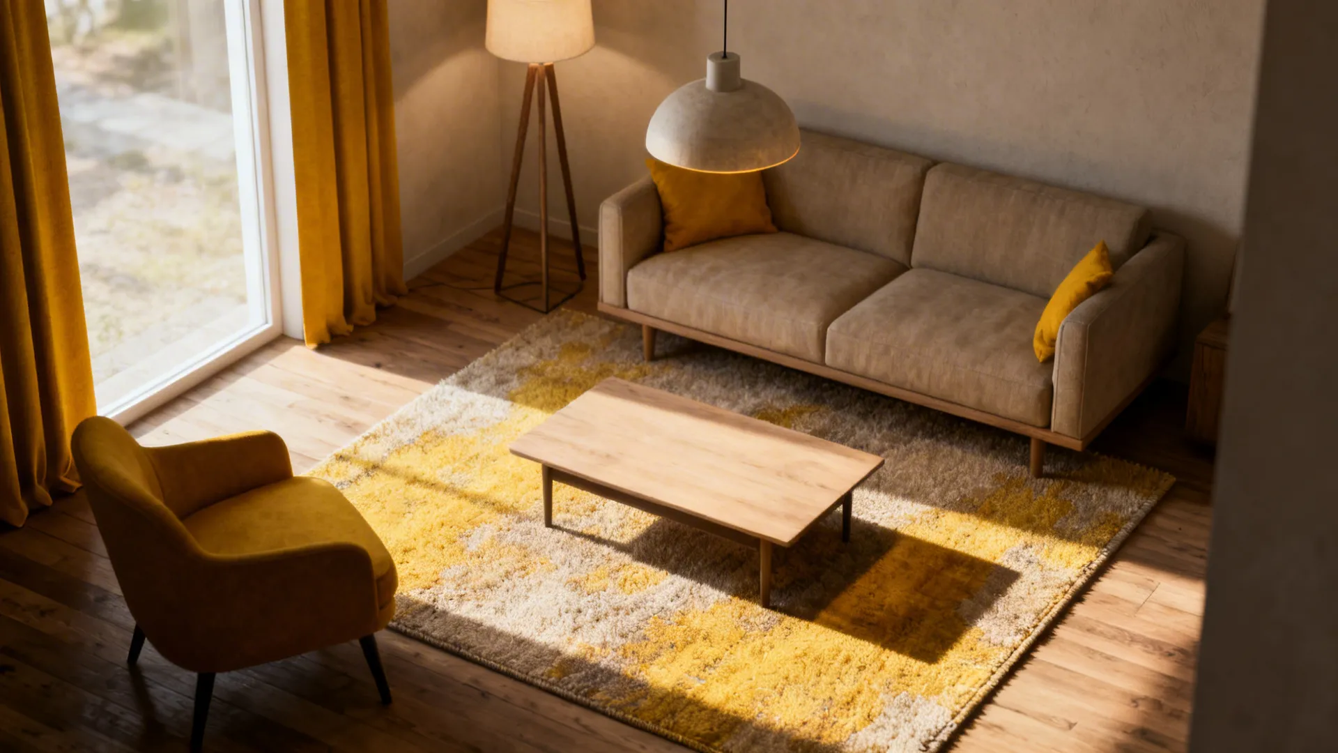 Small living room with a mid-sized rug defining a conversation zone and layered lighting from a floor lamp and pendant