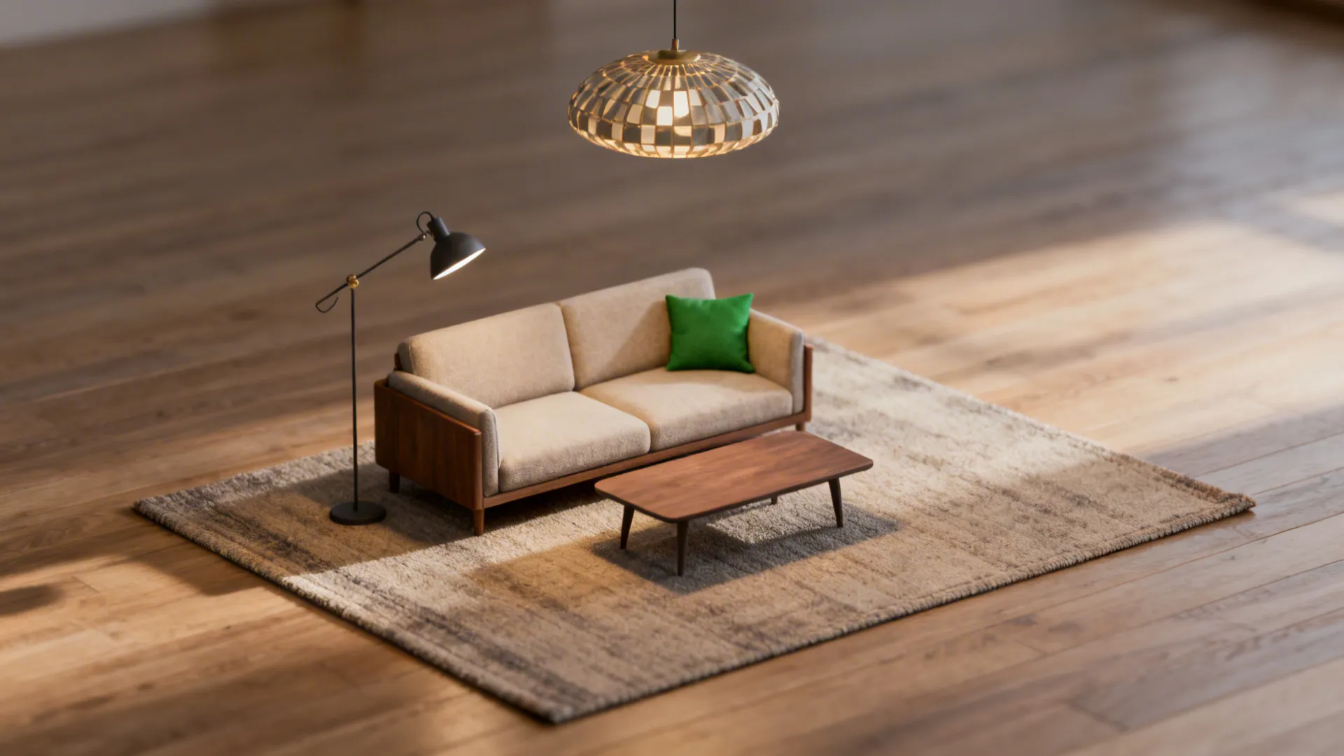 Living room set with a sofa coffee table rug floor lamp and warm ceiling light