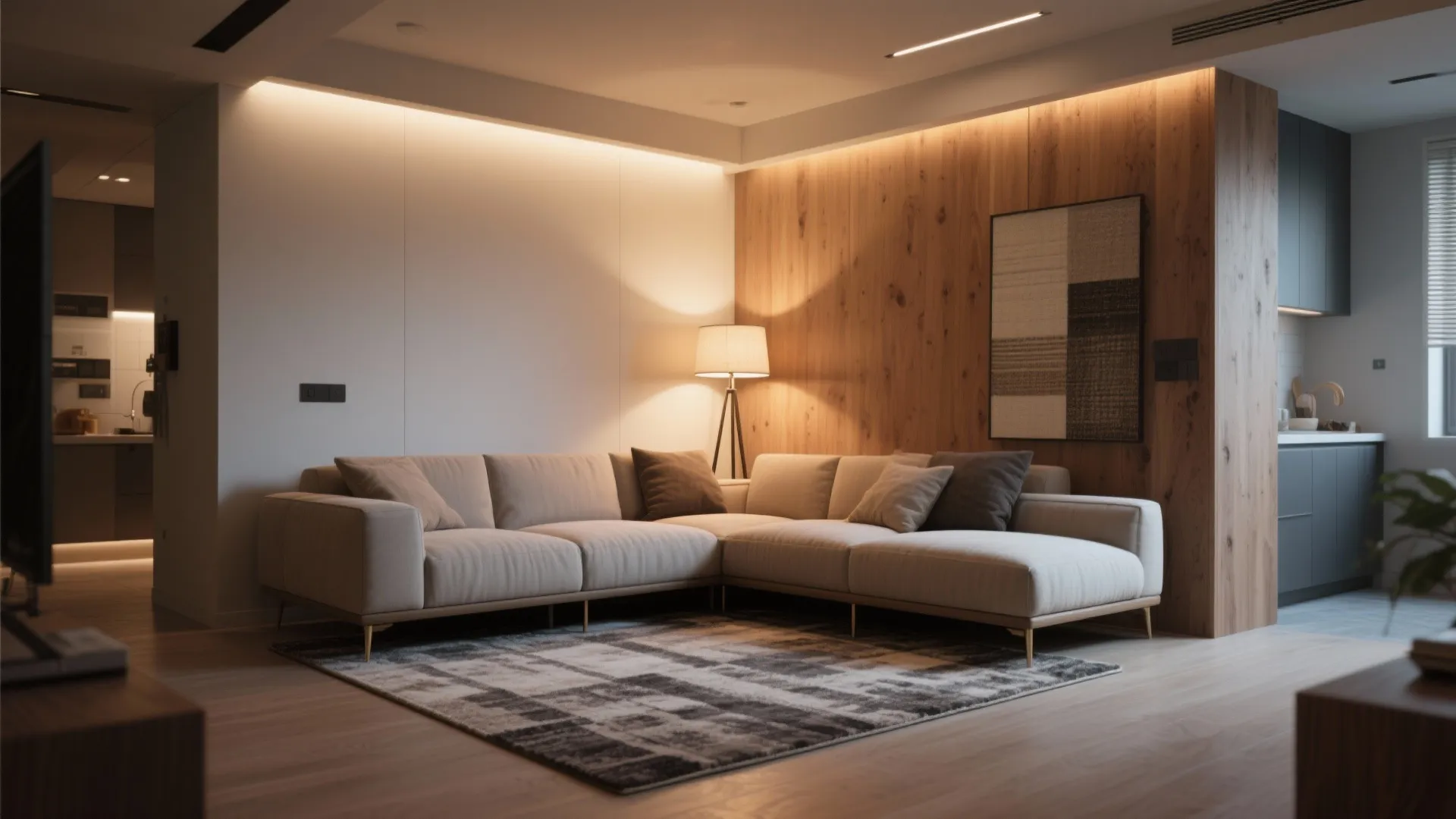 Sectional seating zone defined by a rug under front legs and a floor lamp, creating a purposeful island within a small living room.