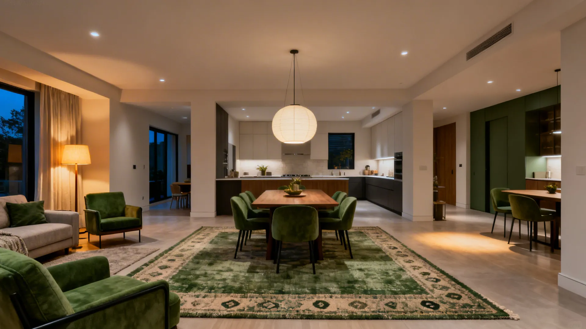 Area rug and pendant light create gentle boundaries between lounge and dining areas.
