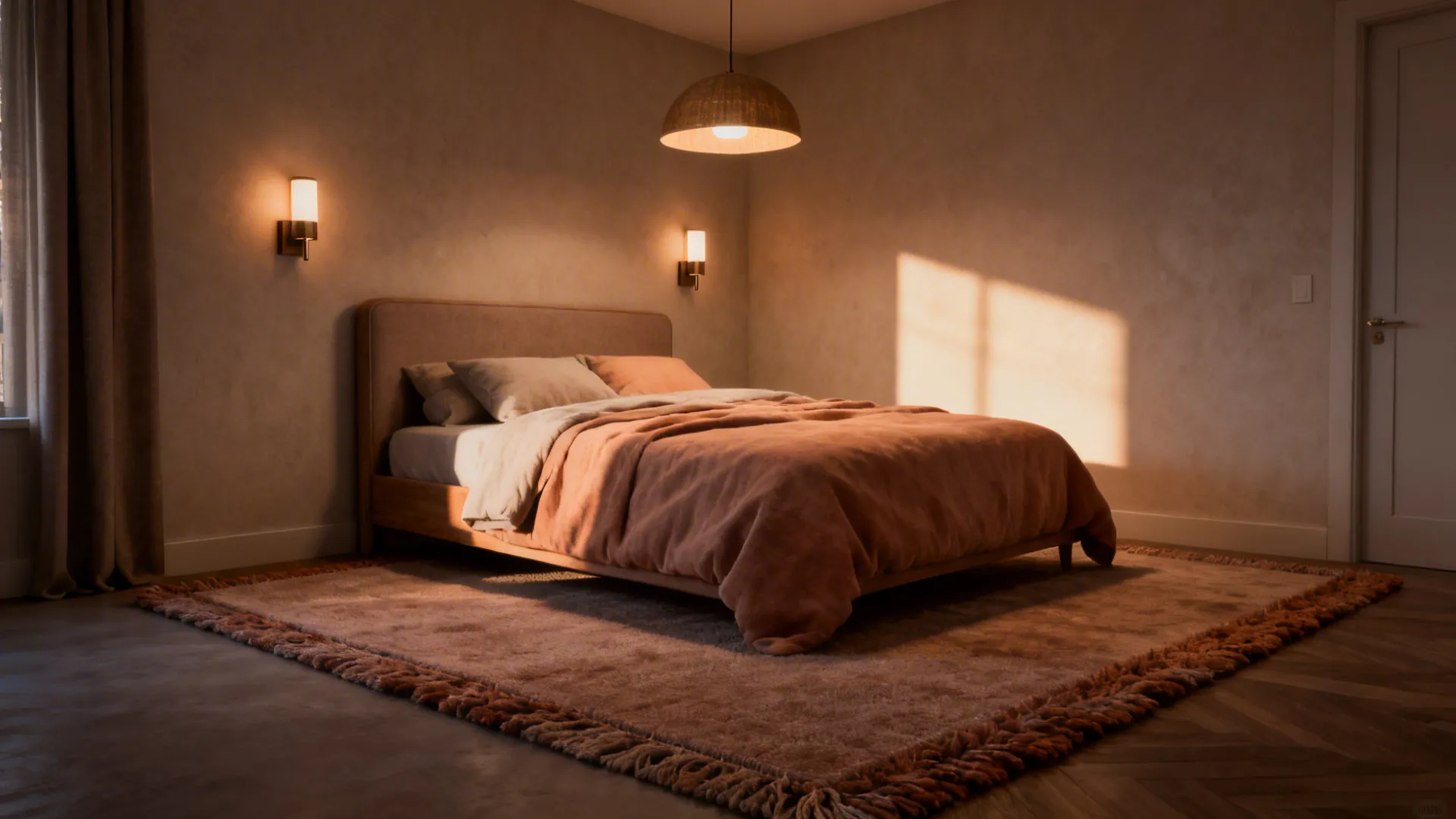 Queen bed anchored by a rug with layered pendant and wall lighting creating cozy zones