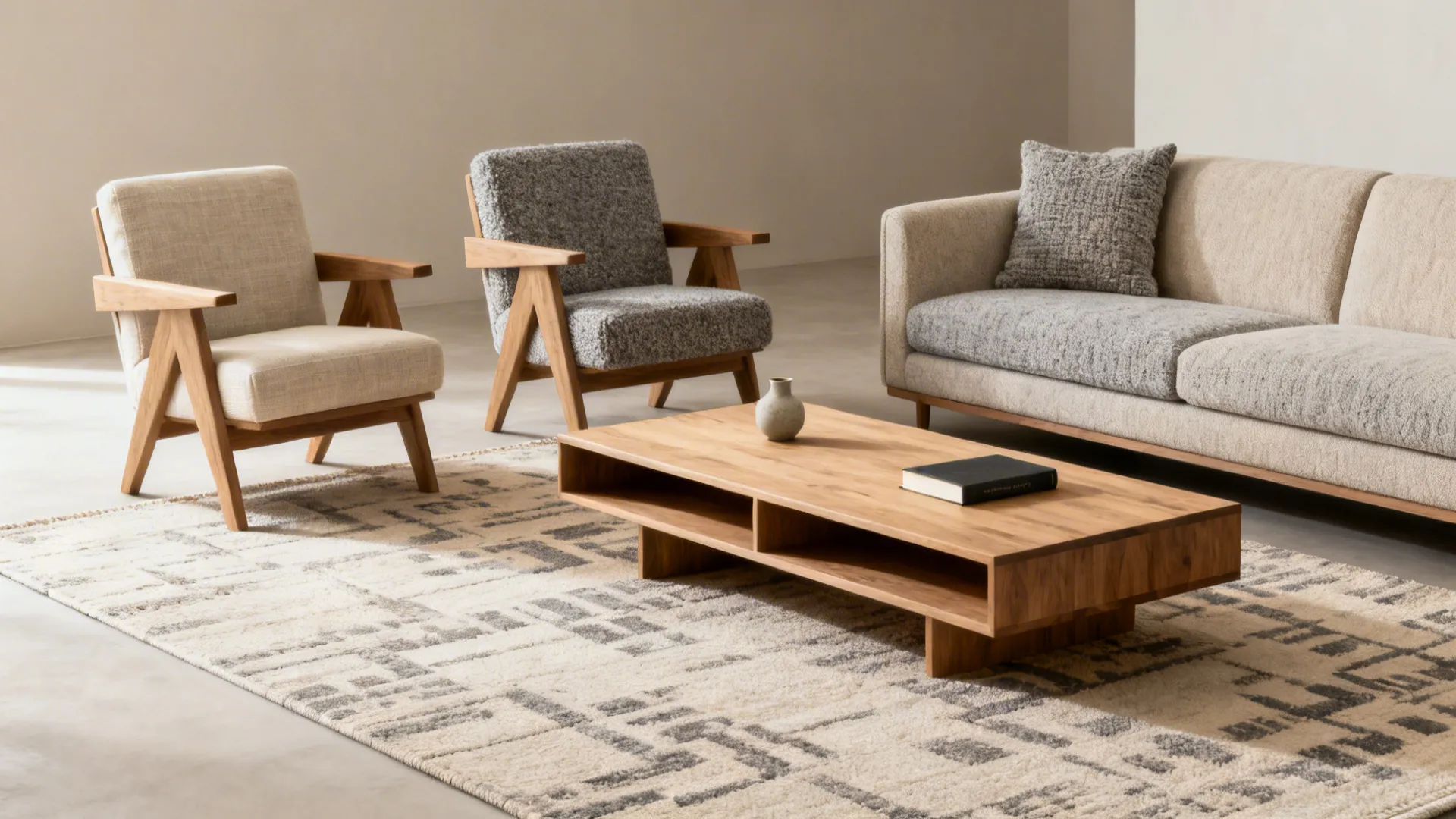 Three-piece seating grouped on one rug with a low-profile coffee table to keep sightlines open