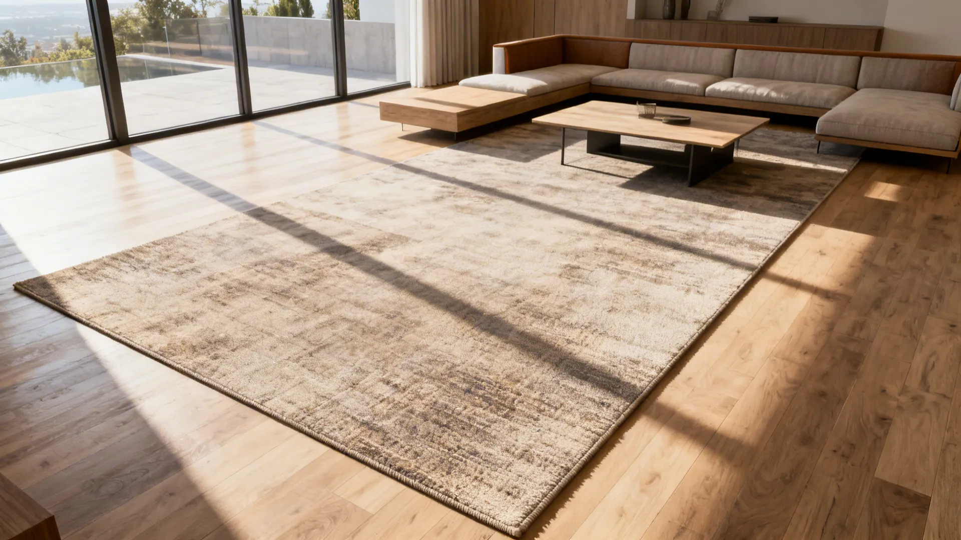 Living room anchored by a large rug and low furniture with open sightlines to a large window.