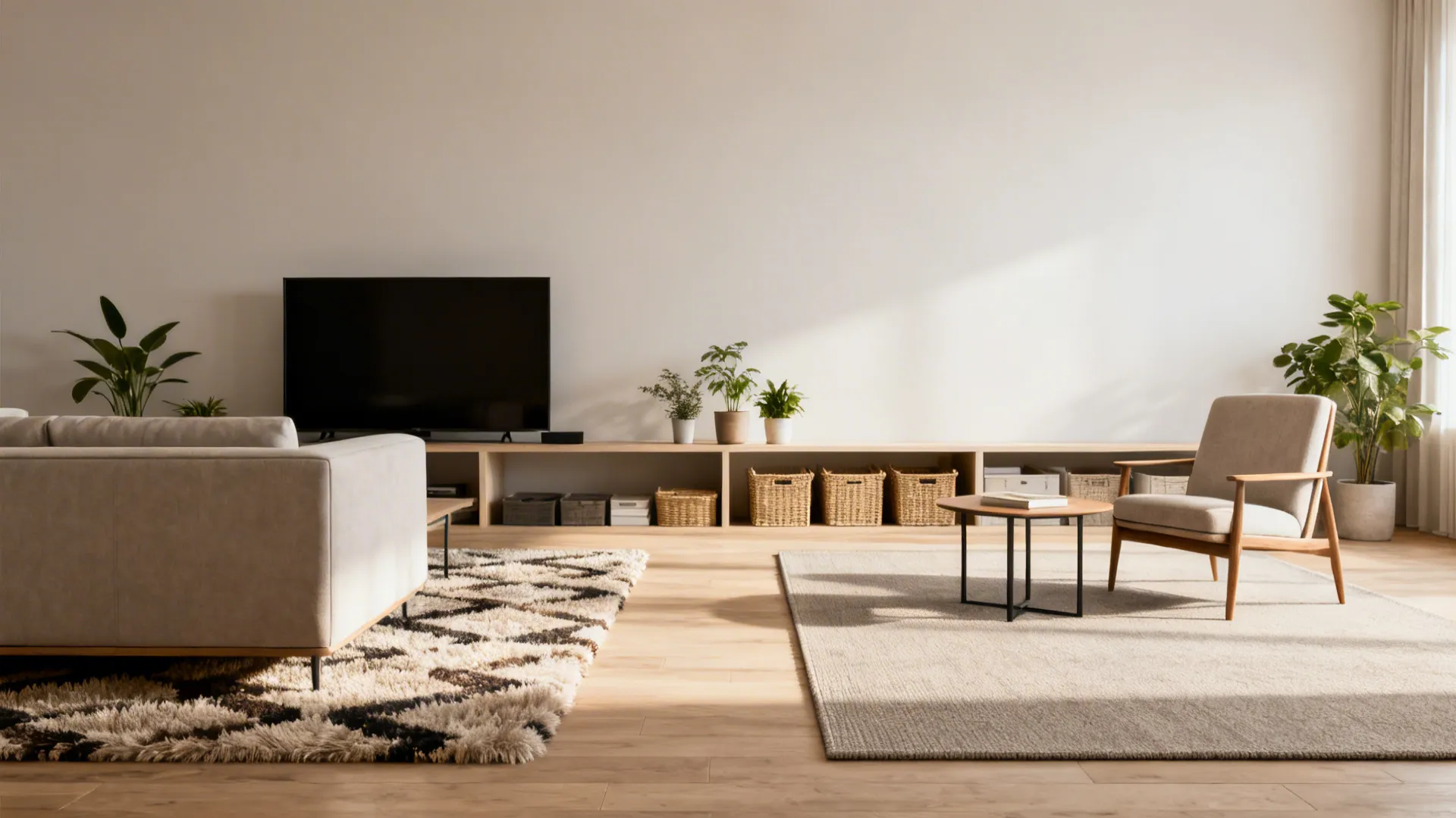 Two seating areas separated by different rugs and low open shelving with plants