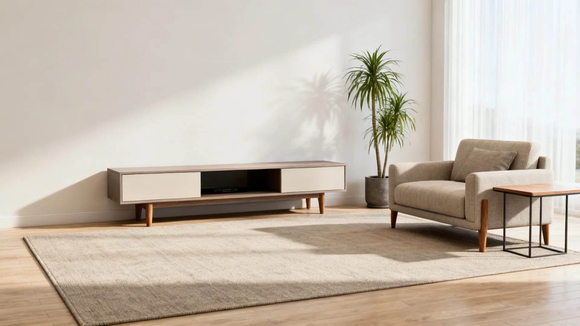 5. Zone with rugs and low-profile storage