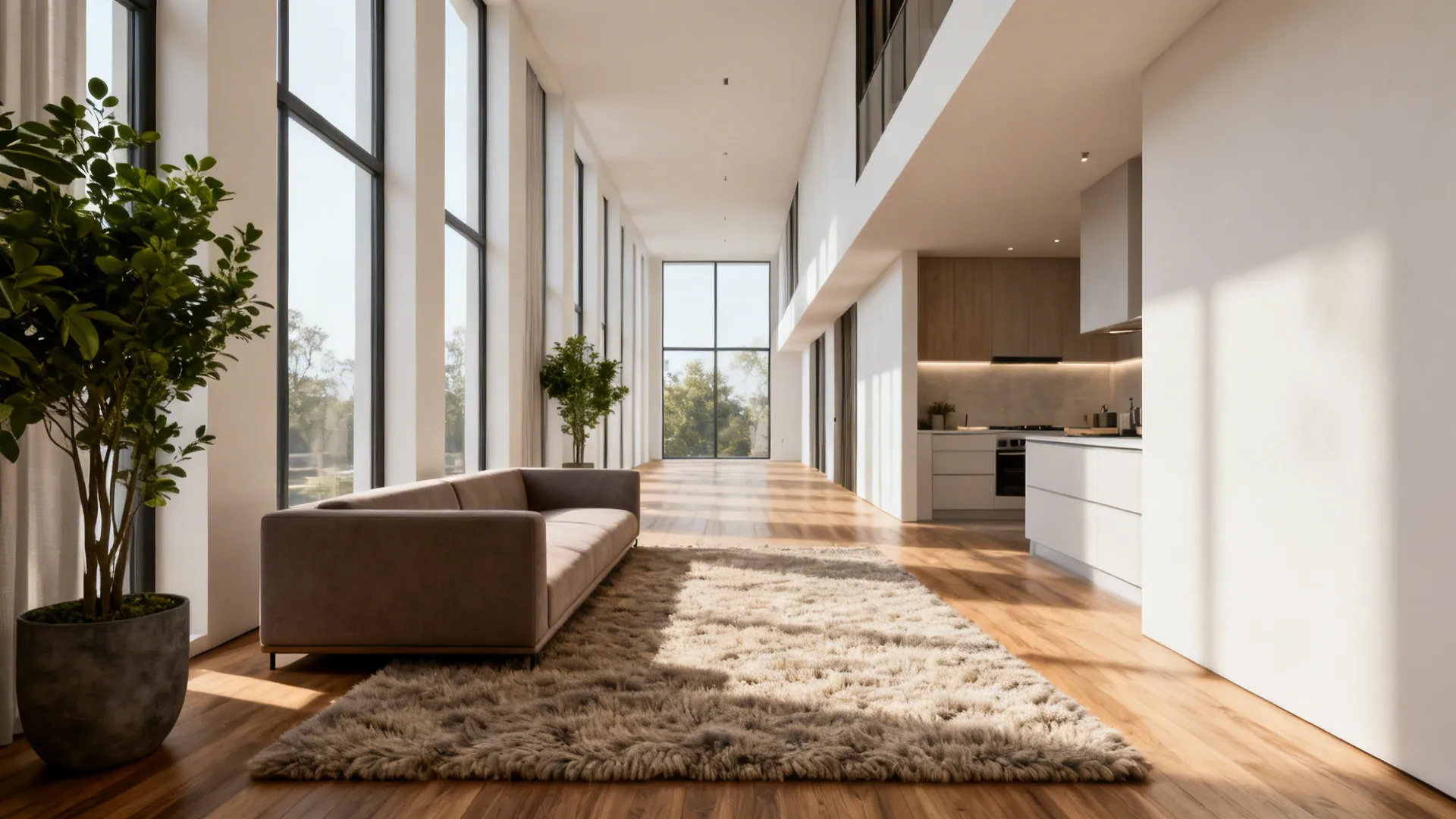 Narrow loft living area with a large rug and low-back sofa preserving sightlines to the kitchen.
