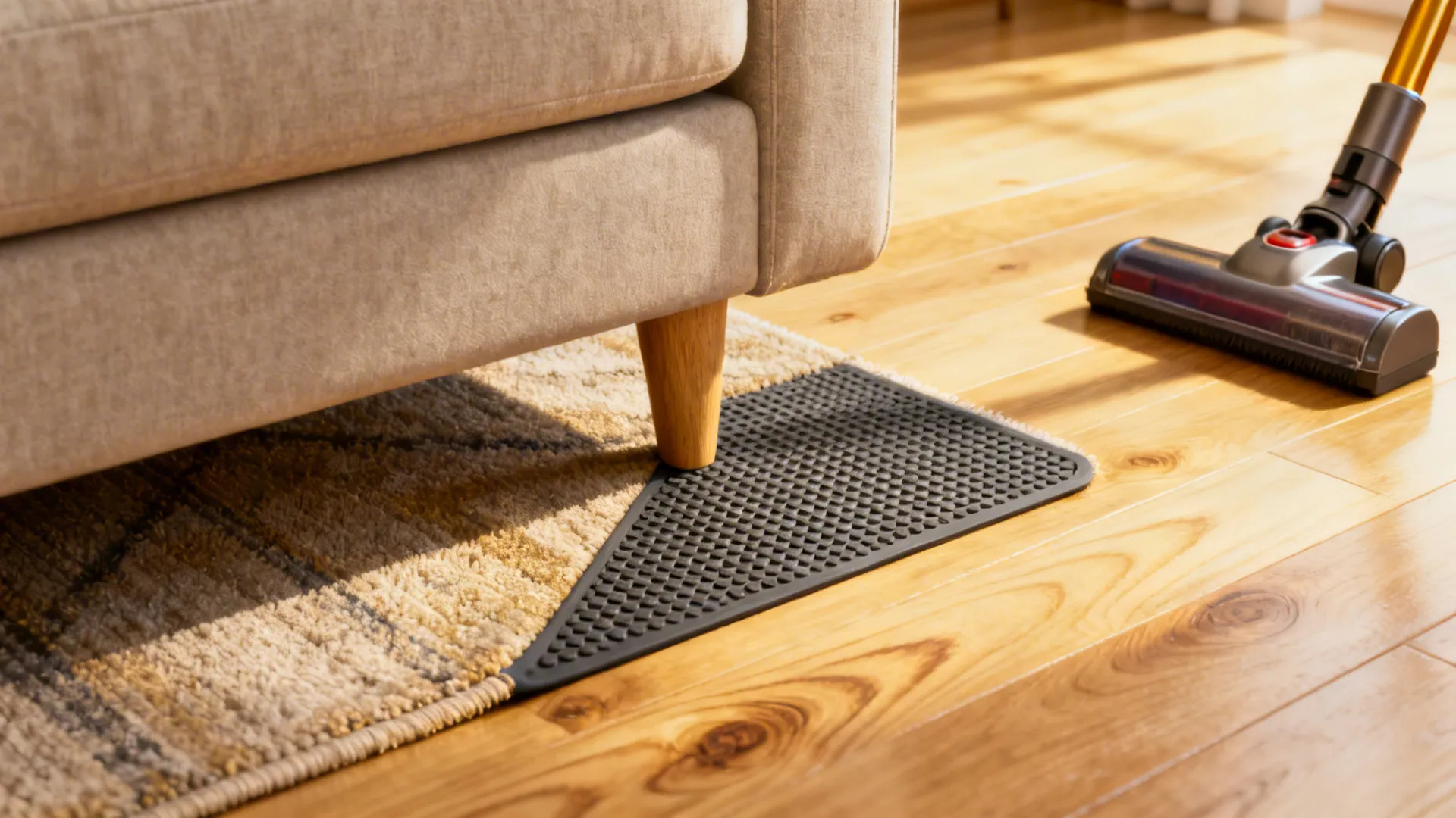 Close-up showing rug edge, rug pad, and sofa legs to illustrate practical sizing and maintenance tips.