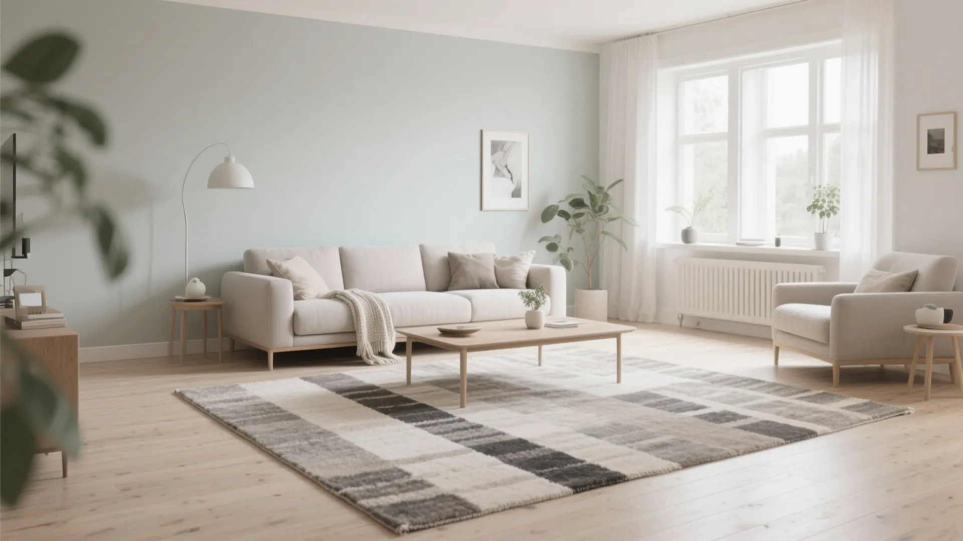 Minimalist living room featuring light green walls white sofa checkered rug floor lamp and indoor plants