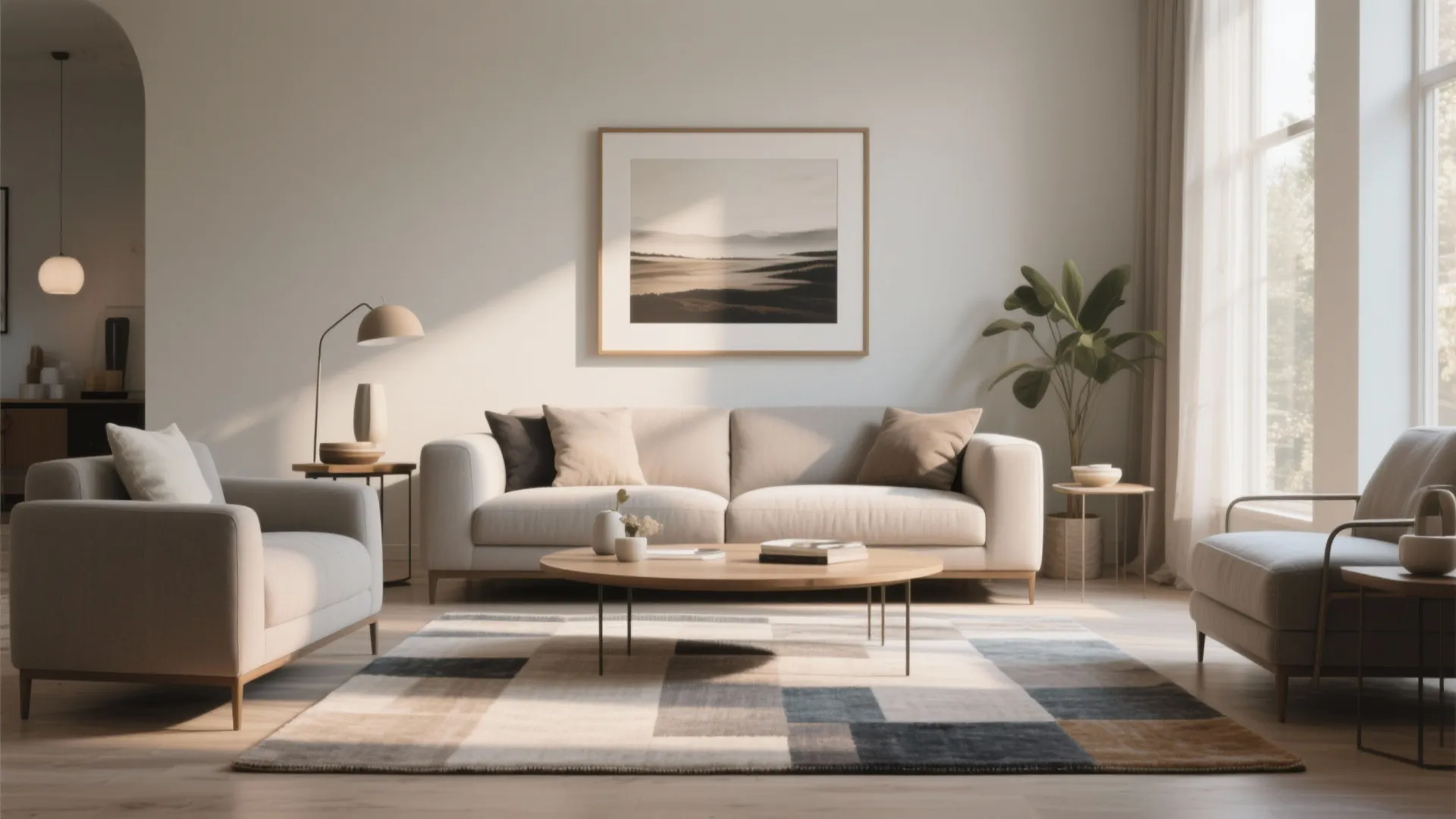 Living room where the rug color palette is echoed in wall art above the sofa