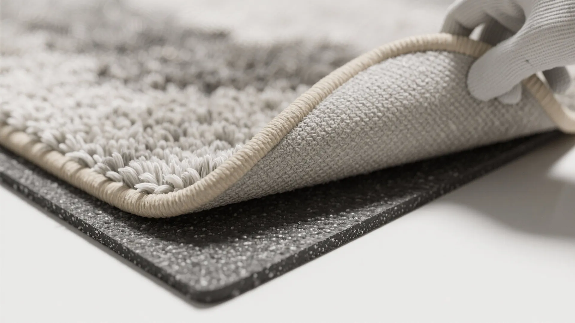 Hand lifting corner of grey rug to show black non slip pad on white floor