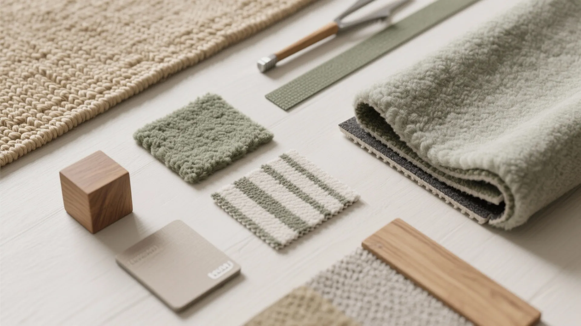 Flat lay of rug samples and pad: jute, wool, washable synthetic, stripe swatch, border tape, and felt-rubber rug pad.