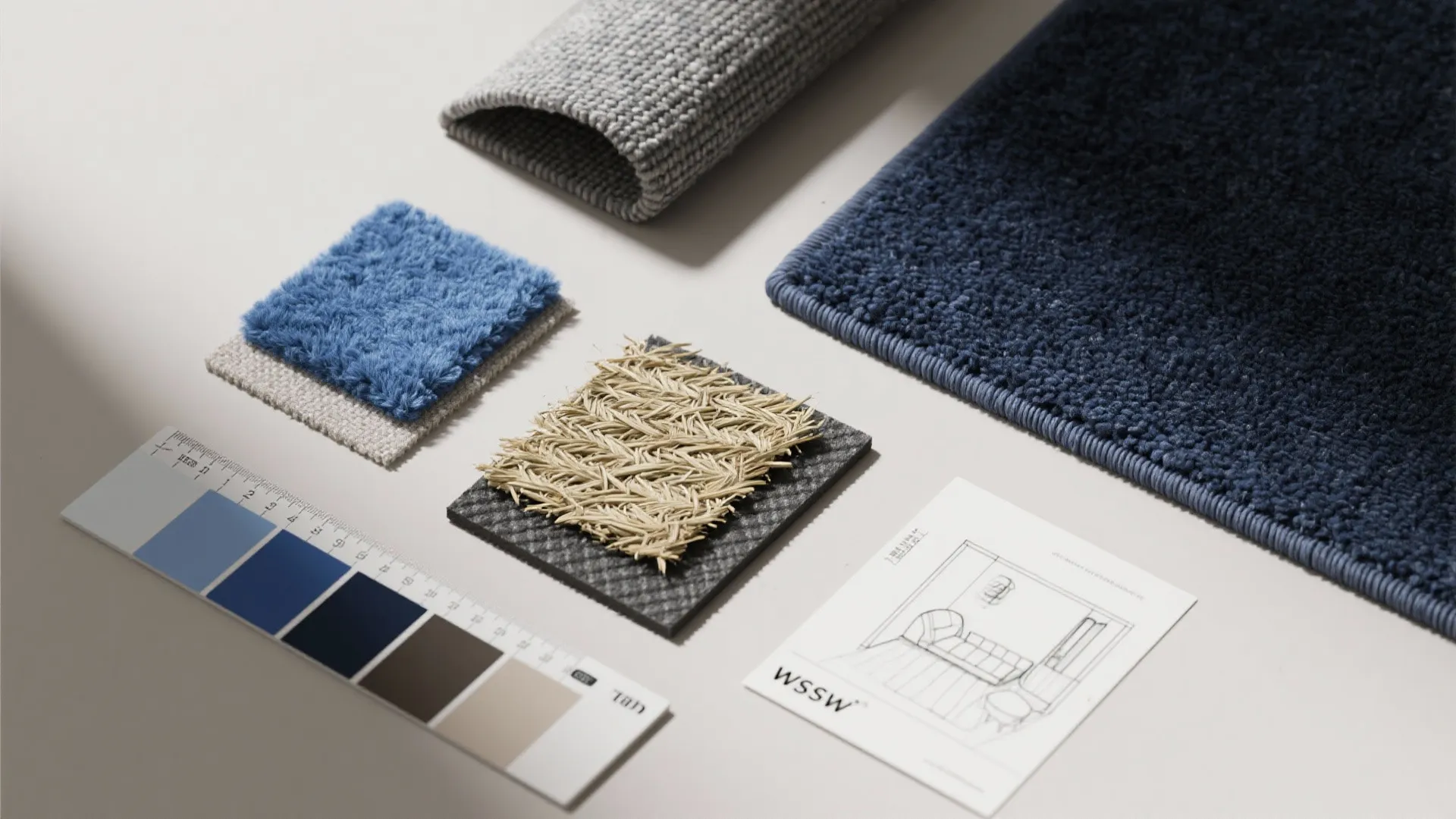 Collection of blue and grey rug material samples displayed with a color palette and drawing
