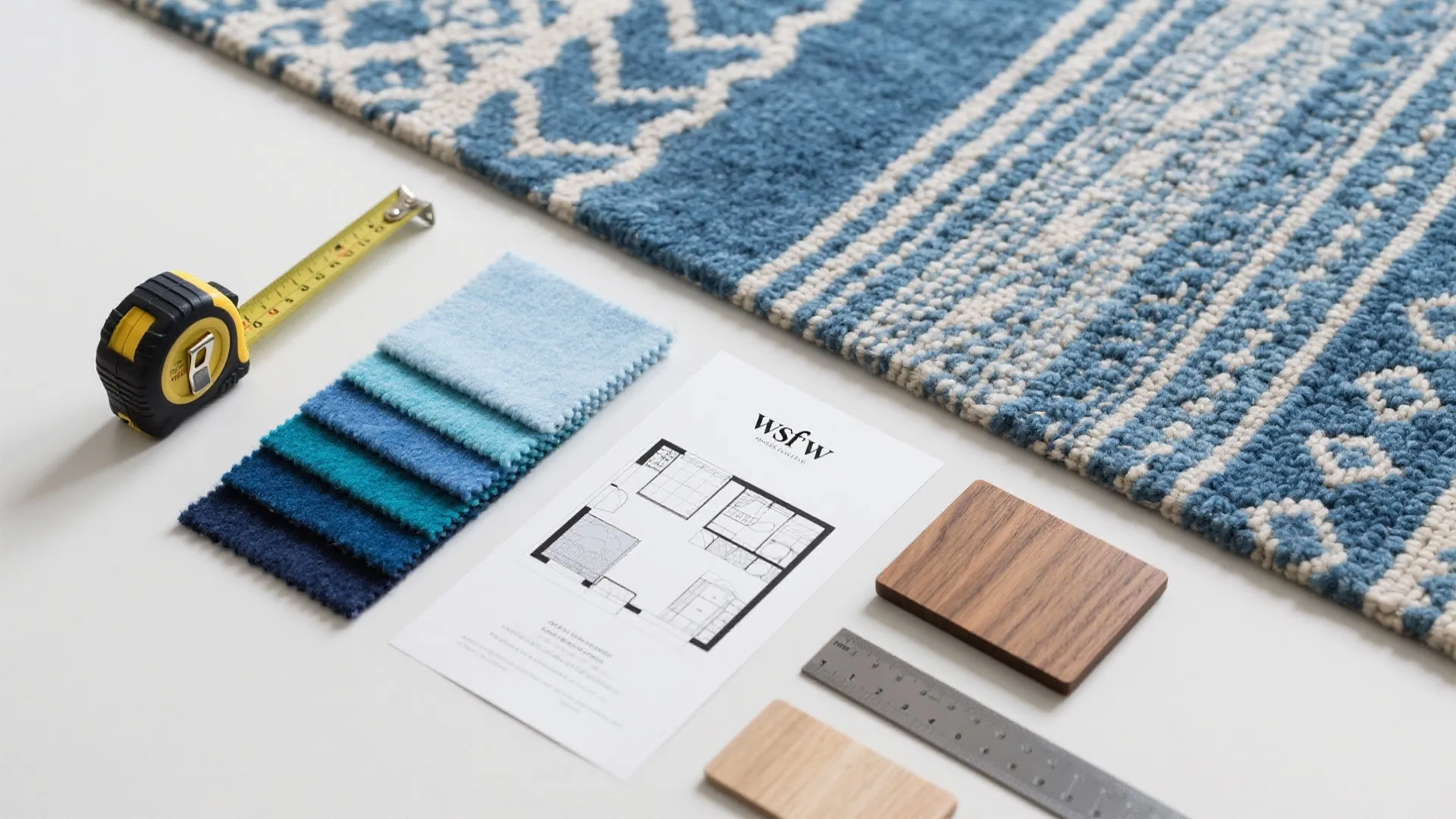 Interior design floor plan with blue fabric samples tape measure wood blocks and a patterned rug