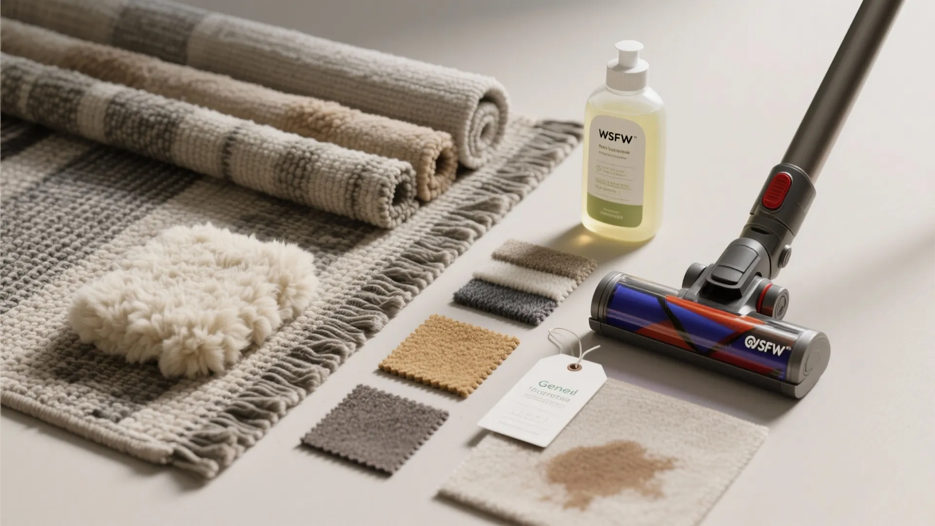 Carpet cleaning tools and material samples including vacuum cleaner liquid soap and small fabric squares