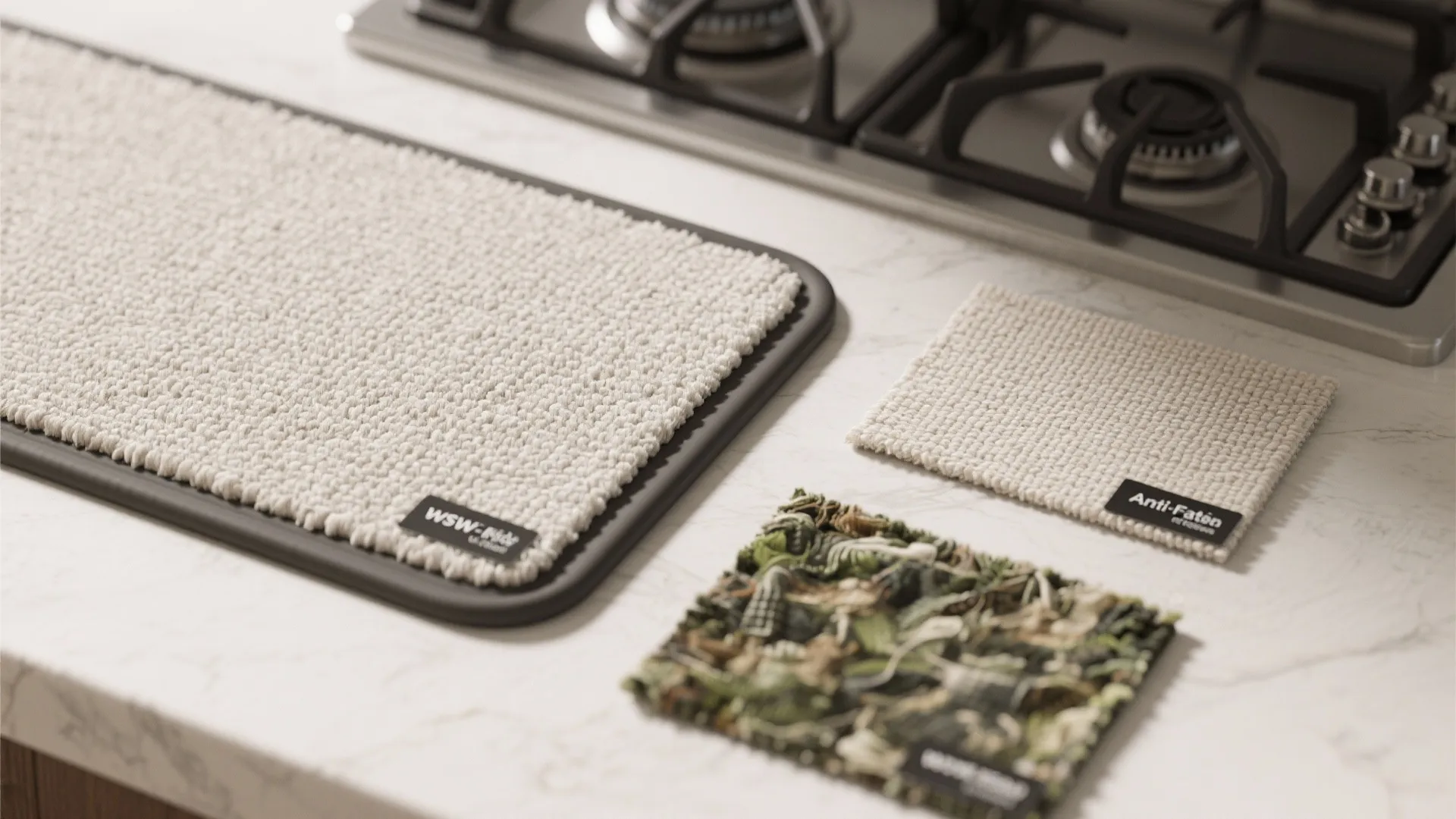 Three different small rug samples placed on a white marble kitchen counter near gas stove
