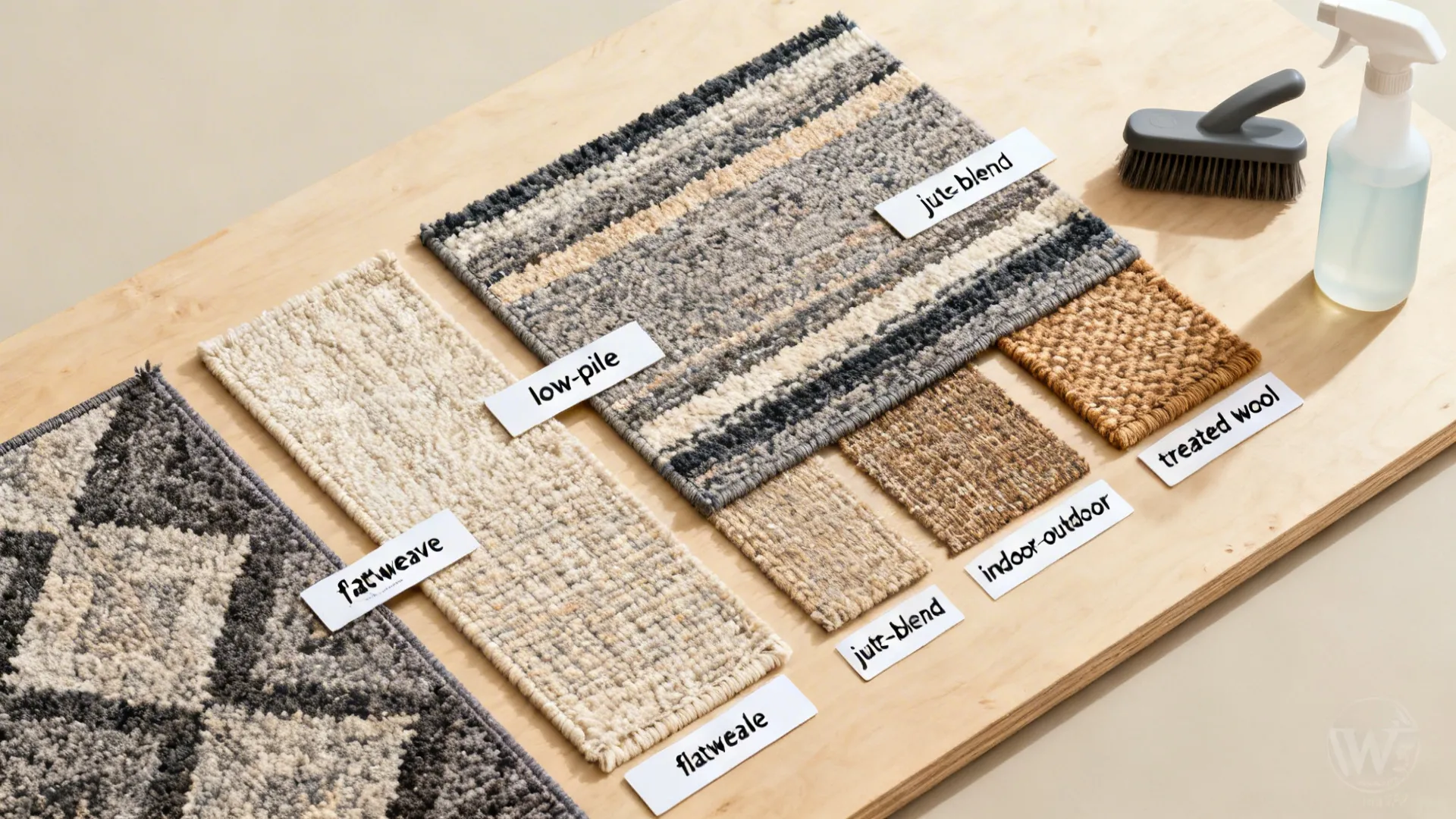 Top-down flatlay of rug material swatches including synthetic, flatweave, indoor-outdoor, jute-blend, and treated wool.