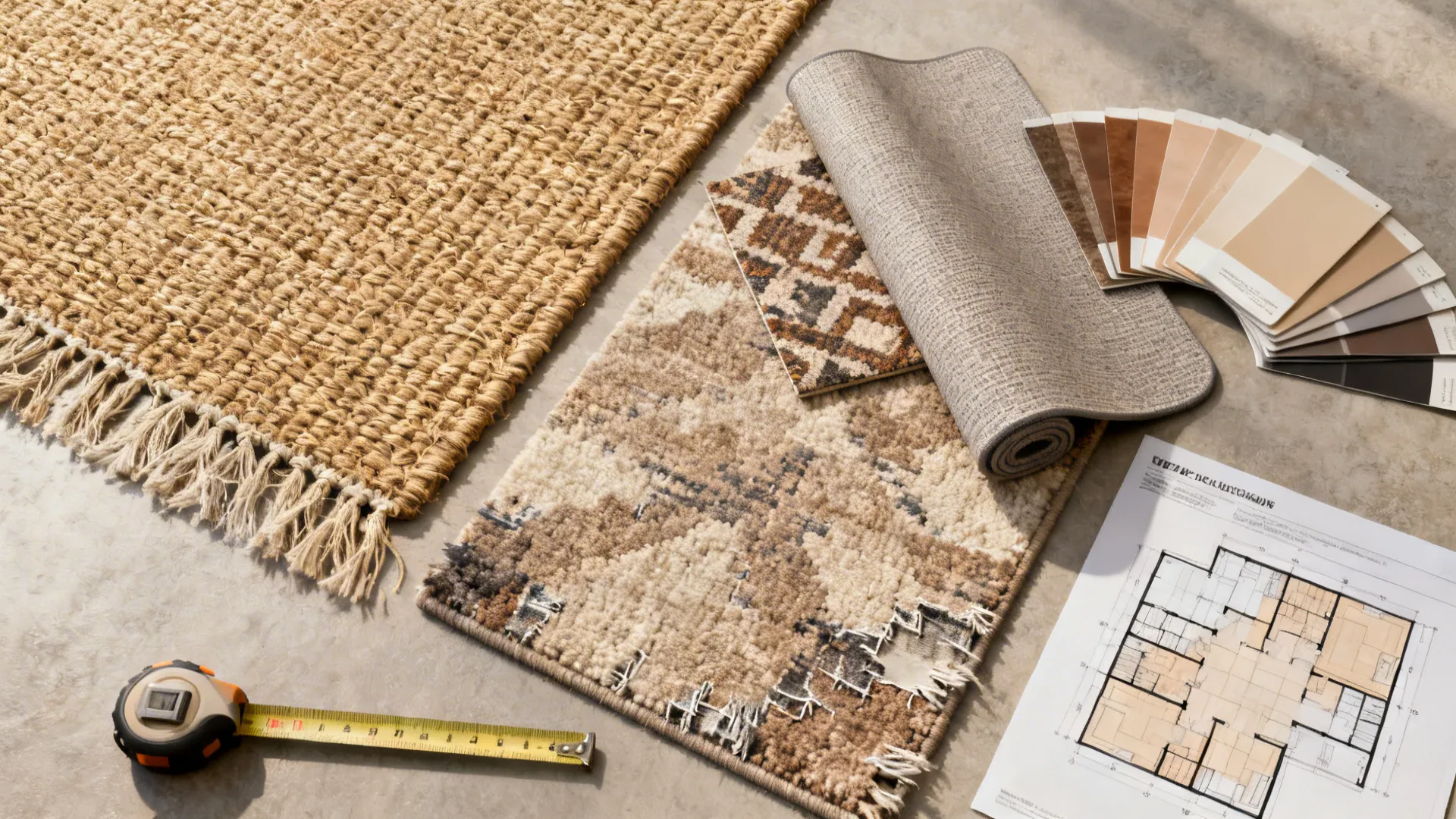 Top-down flatlay of rug samples, swatches, rug pad and floor planner printout.