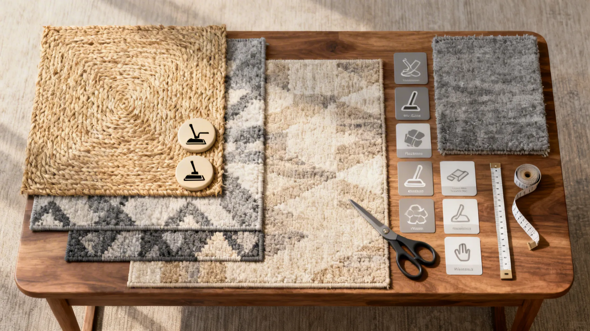 Flatlay of rug material swatches including jute, wool and polypropylene with color chips and measuring tape.