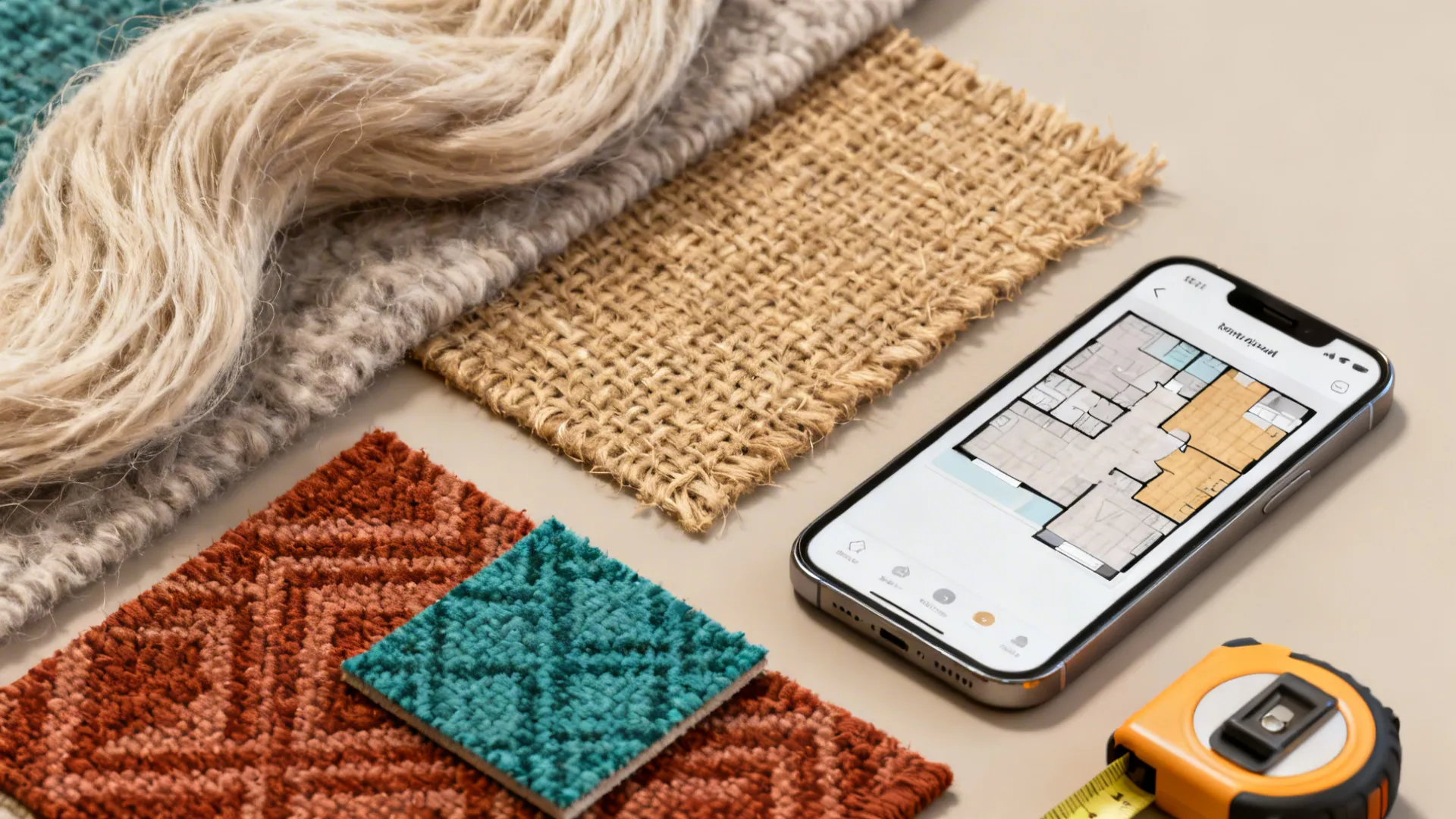 Flatlay of rug material swatches, color samples, and a floorplan app for testing layouts