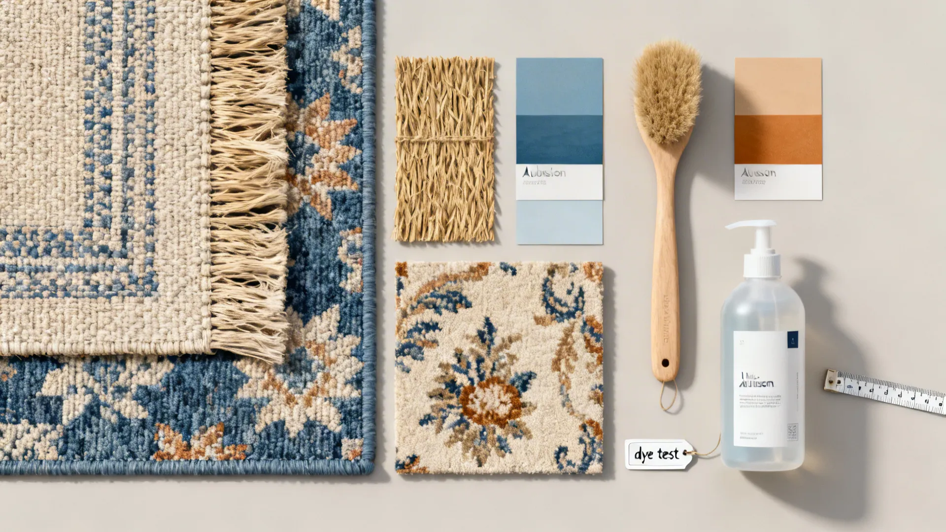 Flatlay of rug material swatches, color chips, and cleaning items for rug care