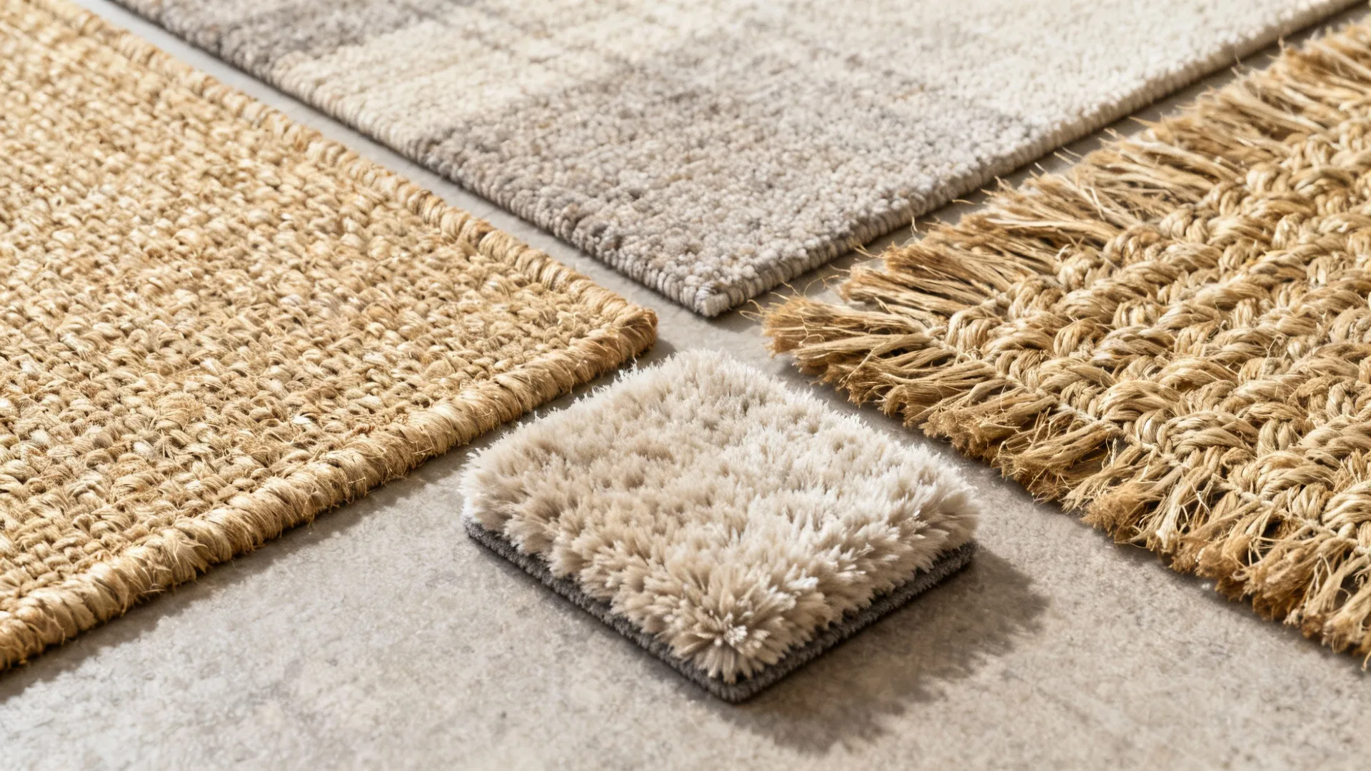 Flatlay of rug material samples including jute, sisal, washable synthetic, and plush swatch.