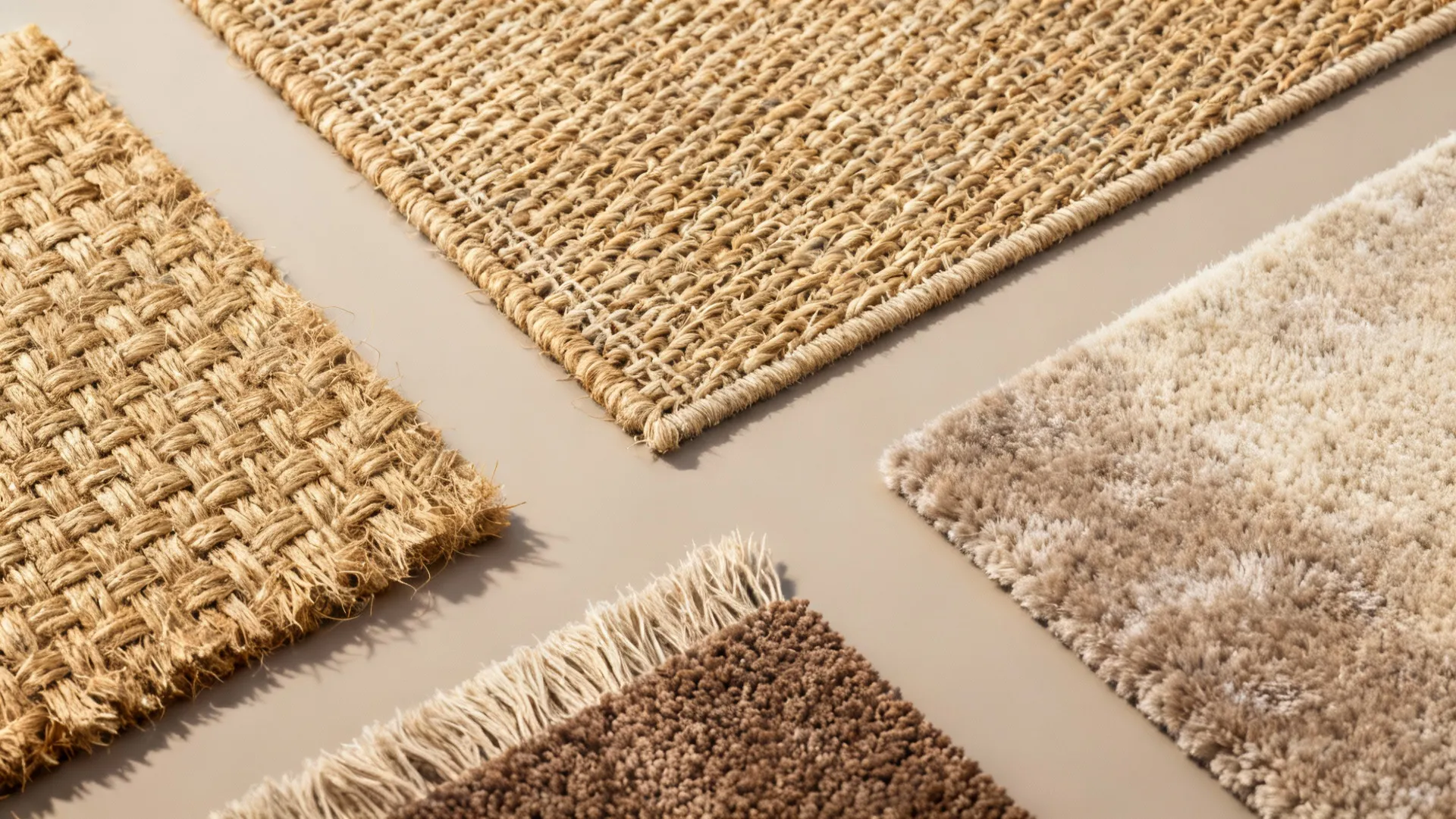 Close up view of four different rug material samples with various textures and neutral colors