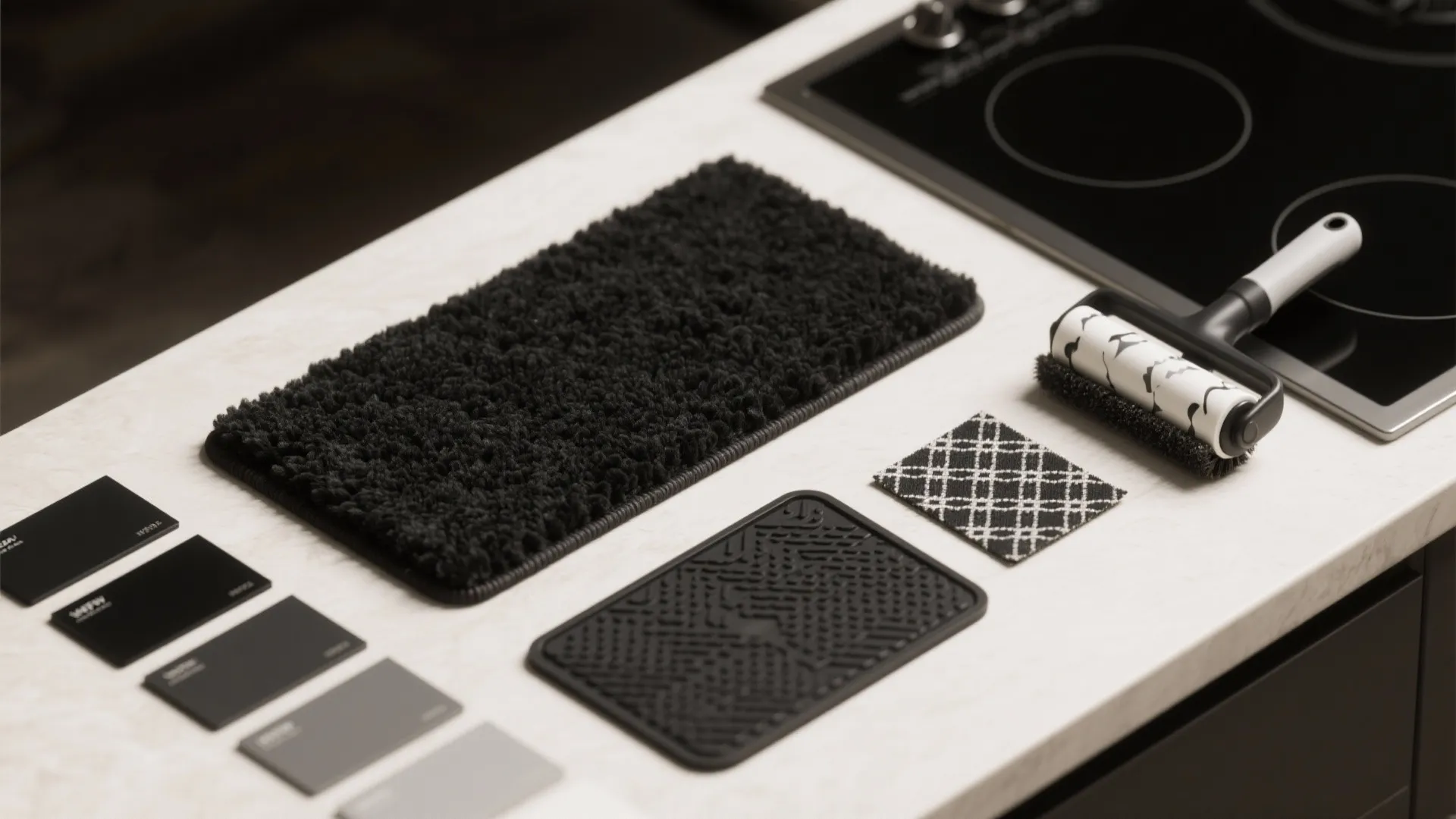 Black rug material samples and cleaning tool displayed on a white kitchen counter top surface