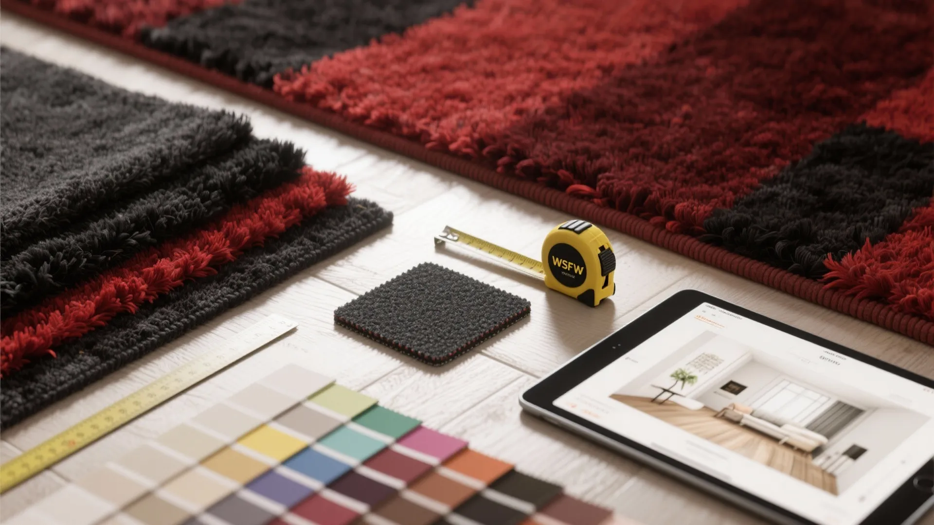 Flatlay of black and red rug fabric swatches, measuring tape, rug pad sample and a tablet showing a room planner.