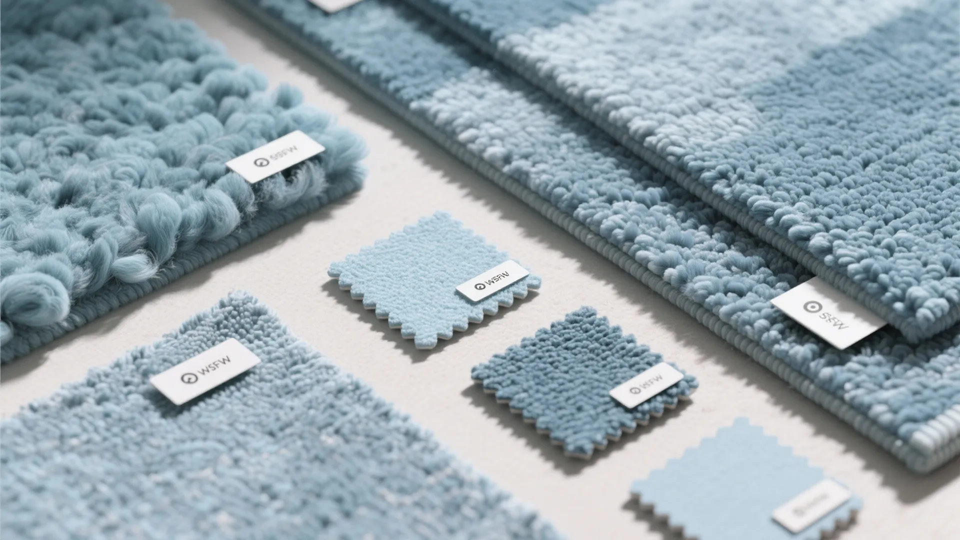 Selection of light blue rug material samples with different textures and labels for interior design