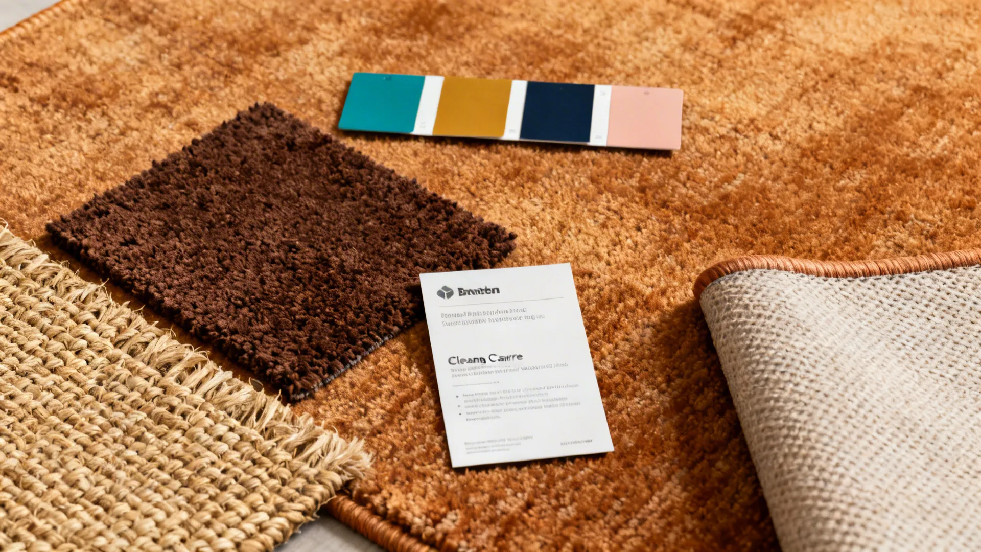 Flatlay of rug material swatches and color chips for pairing with sofas.