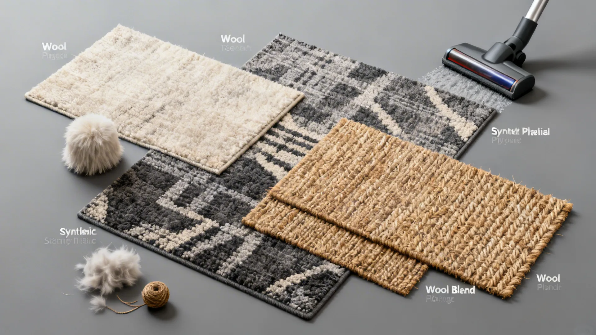Flatlay of wool, synthetic, jute and blend rug material swatches for durability comparison.
