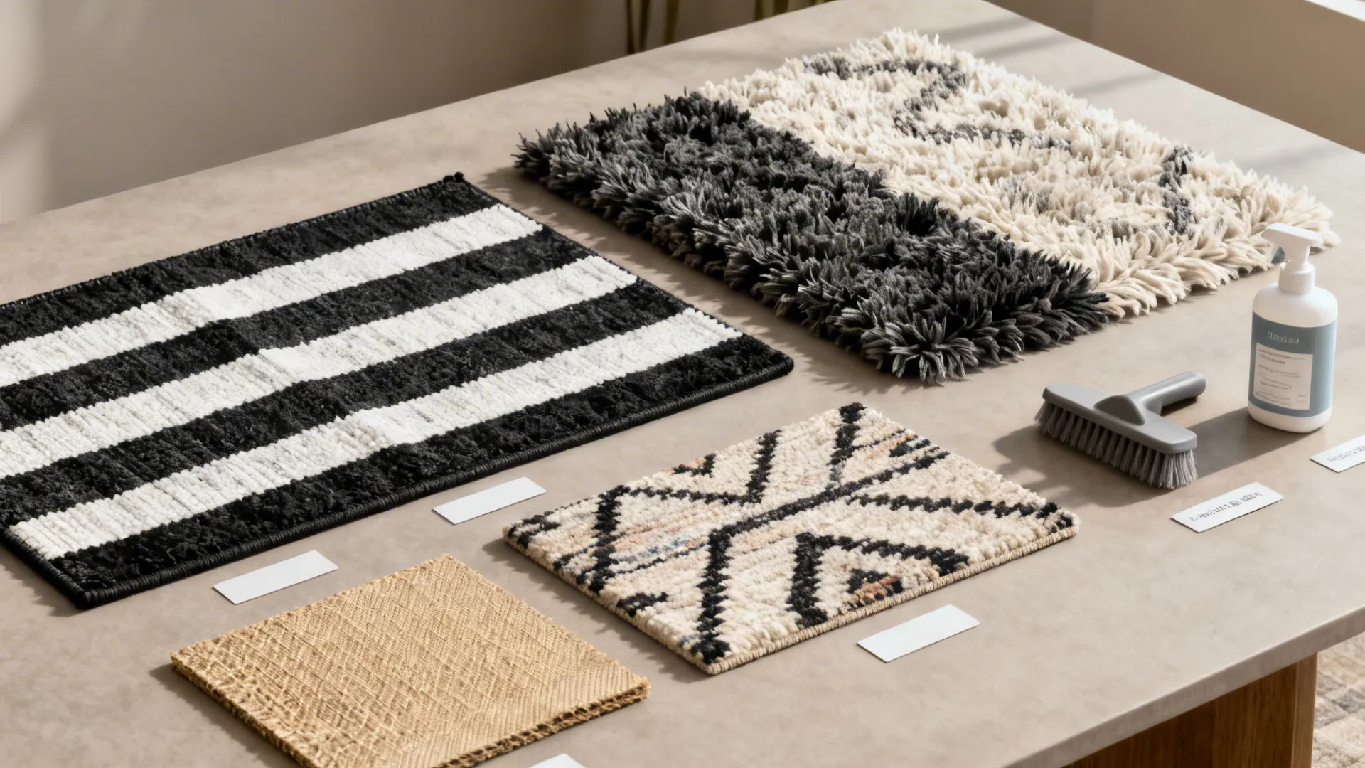 Flatlay of black-and-white rug material swatches, pad sample, and cleaning kit.