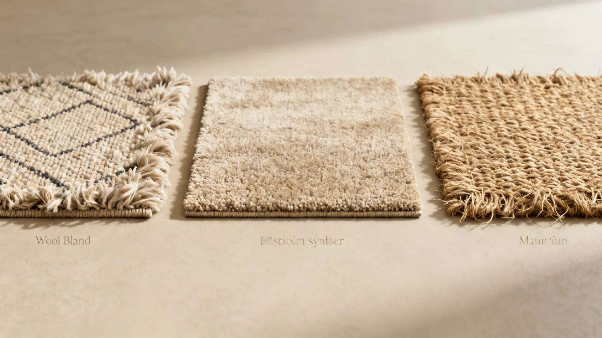 Close-up of three rug material swatches showing wool blend, synthetic, and natural fiber textures.