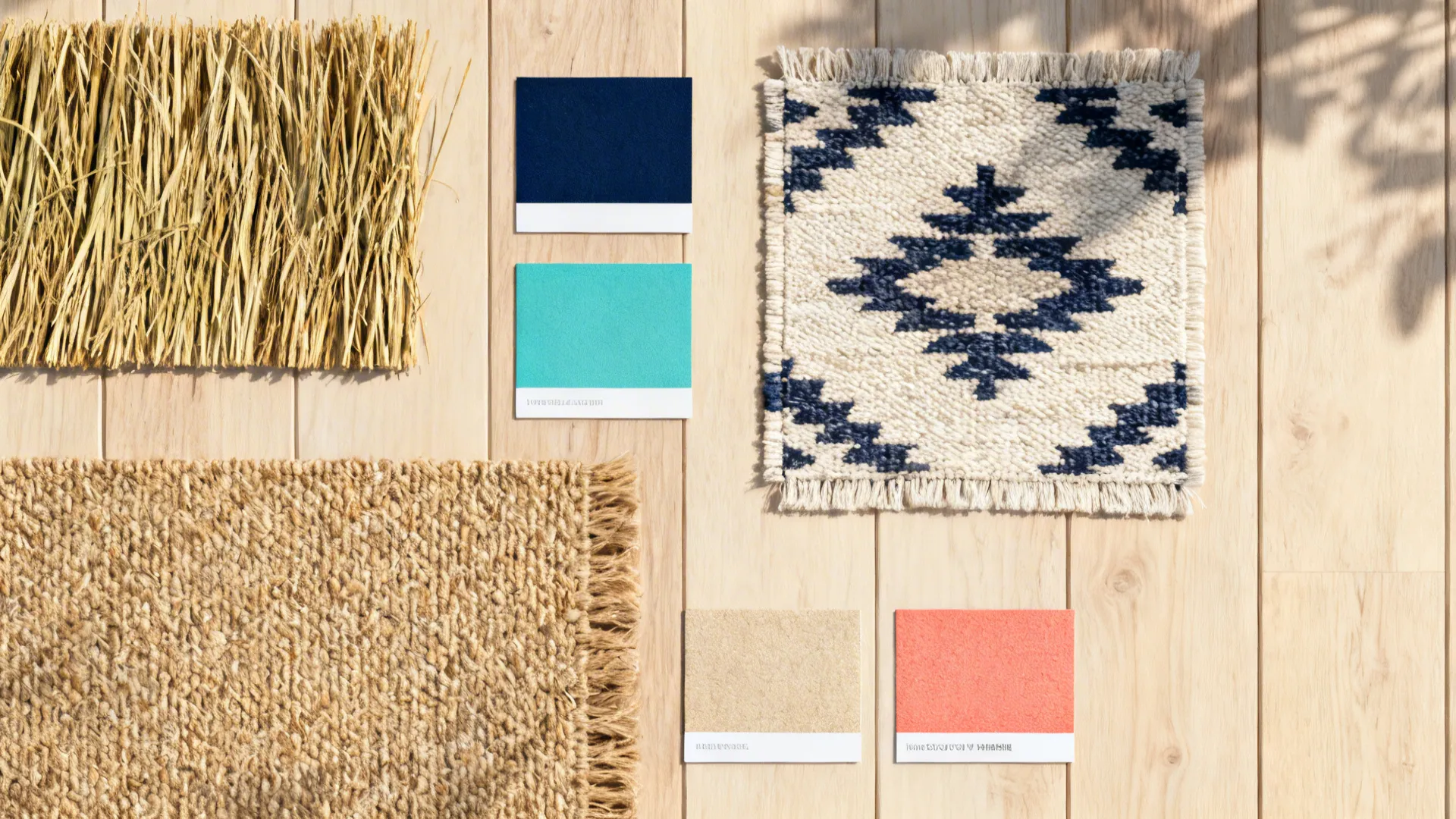 Flatlay of rug material swatches: seagrass, jute, cotton kilim, and polypropylene with coastal color chips.