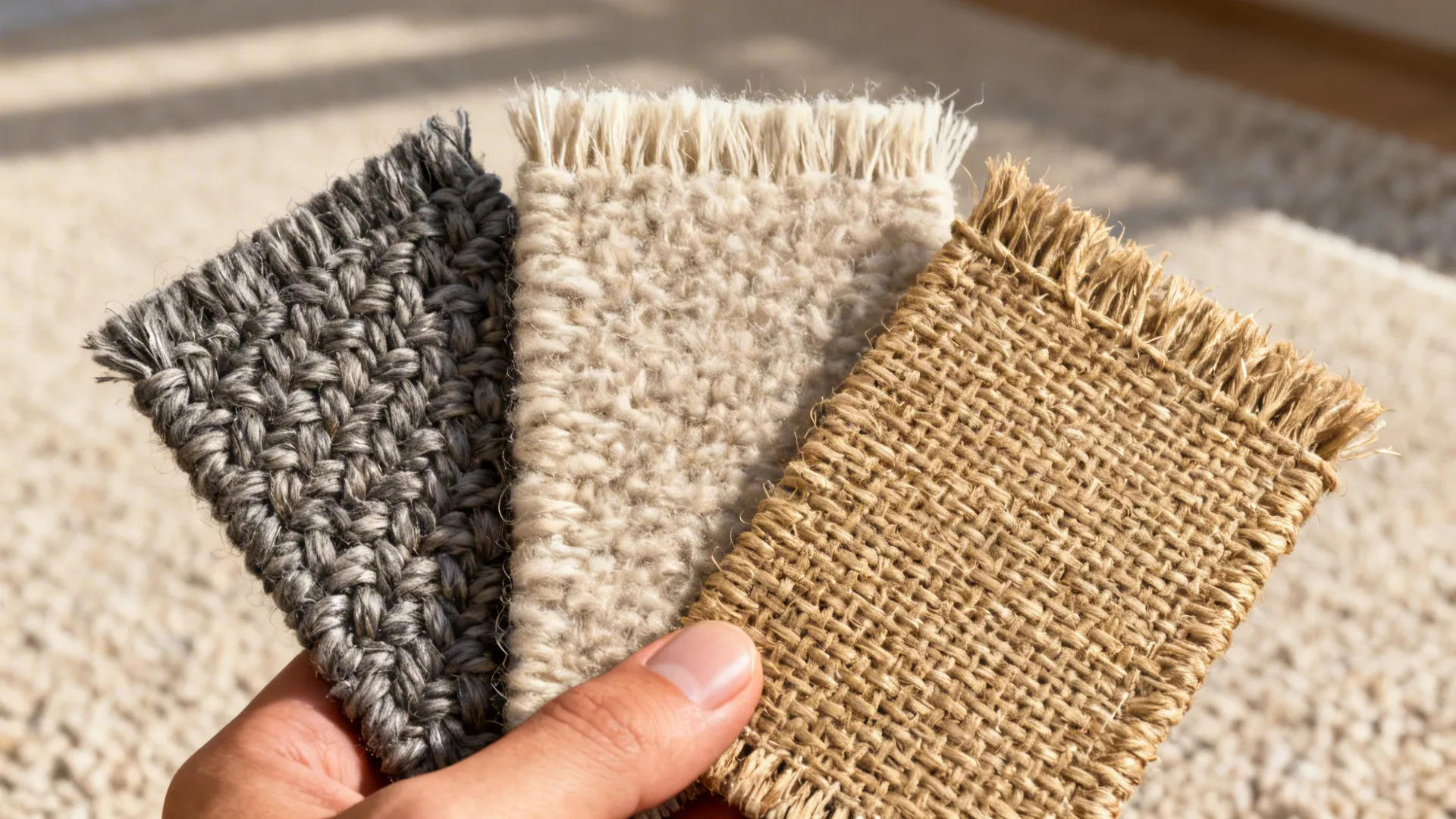 Close-up of rug material swatches: synthetic, wool, and flatweave jute showing texture
