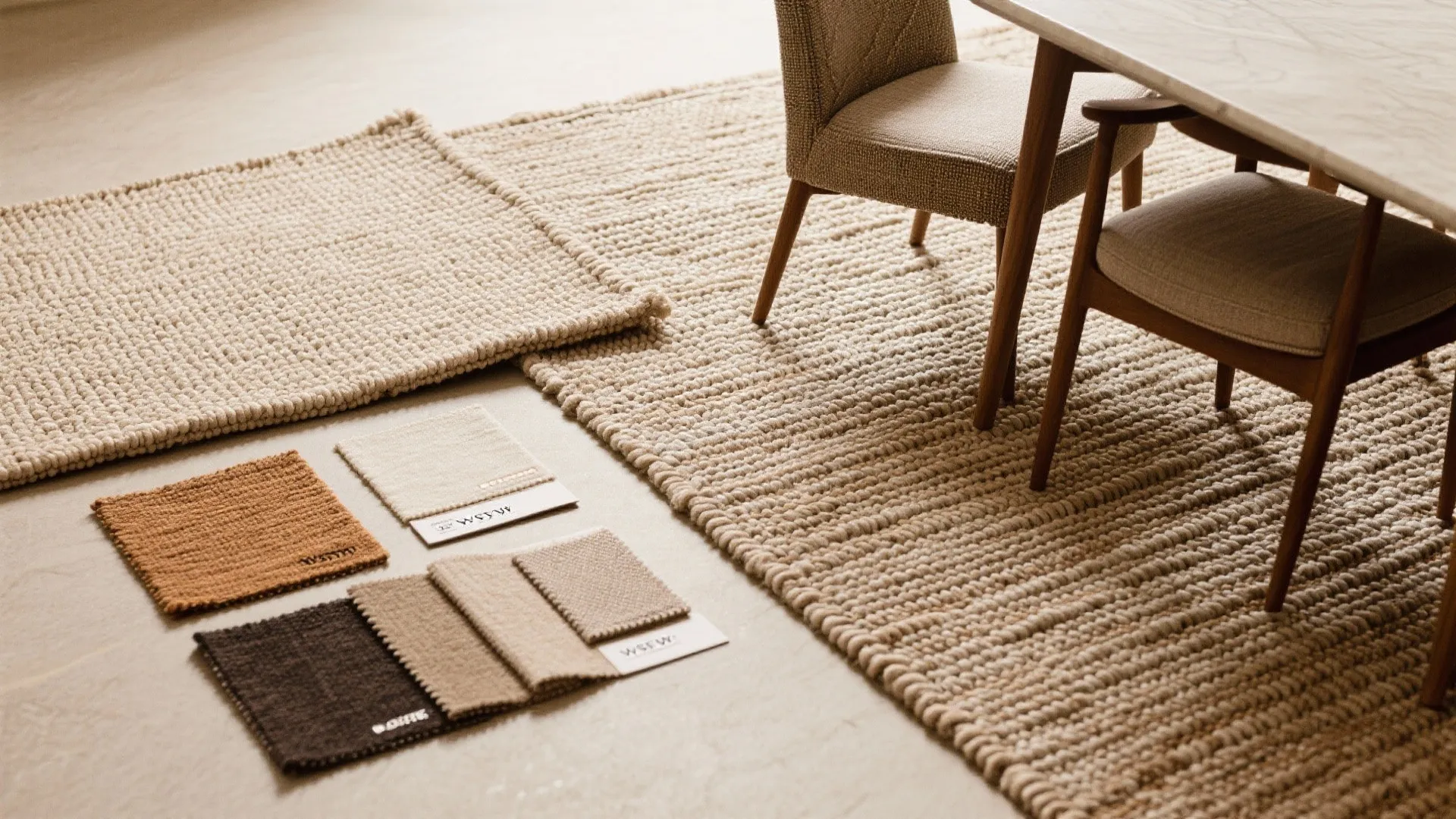 Various small rug material samples on floor next to a large textured beige area rug