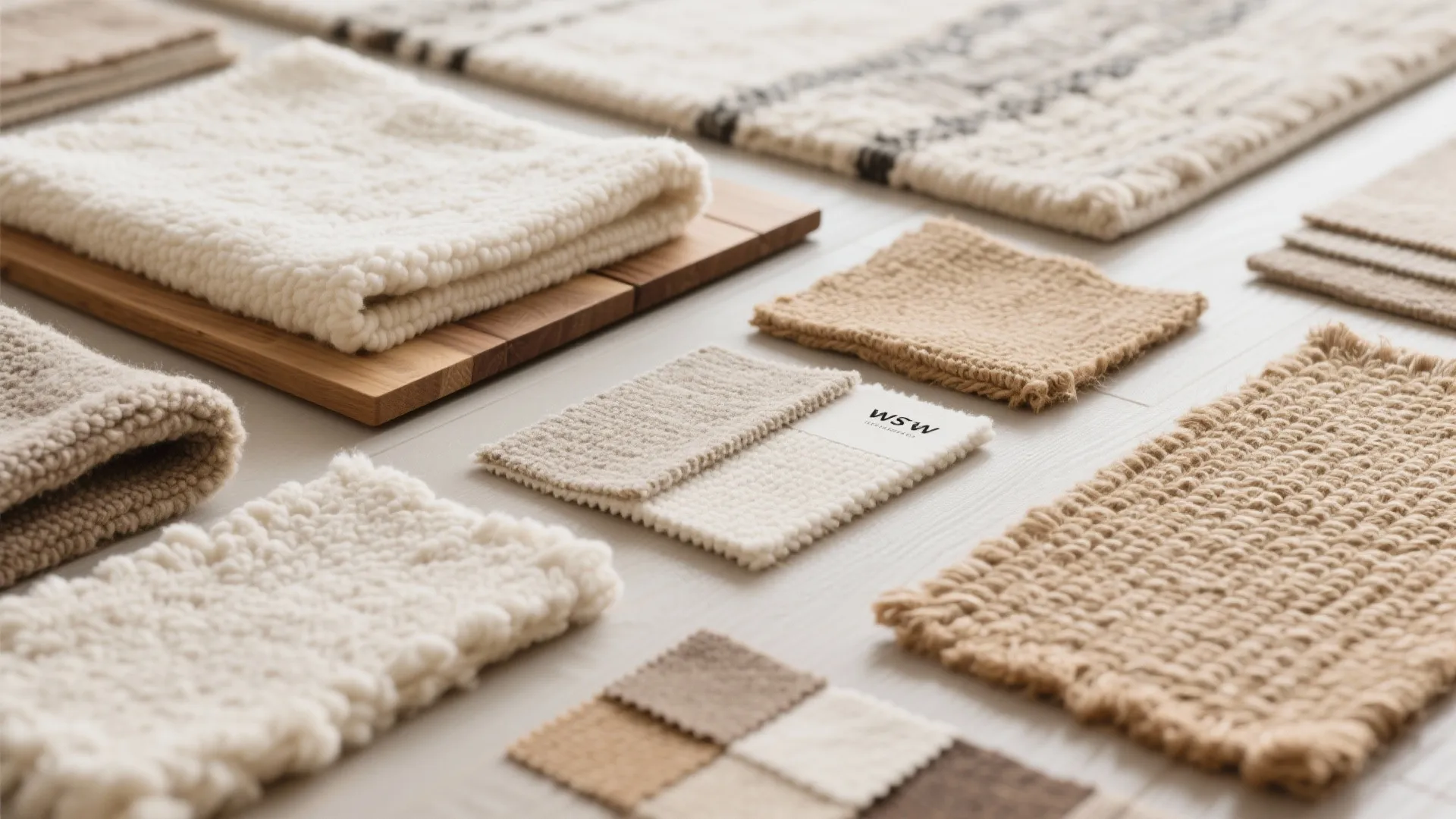 Collection of soft rug material samples in neutral colors like cream beige and brown floor