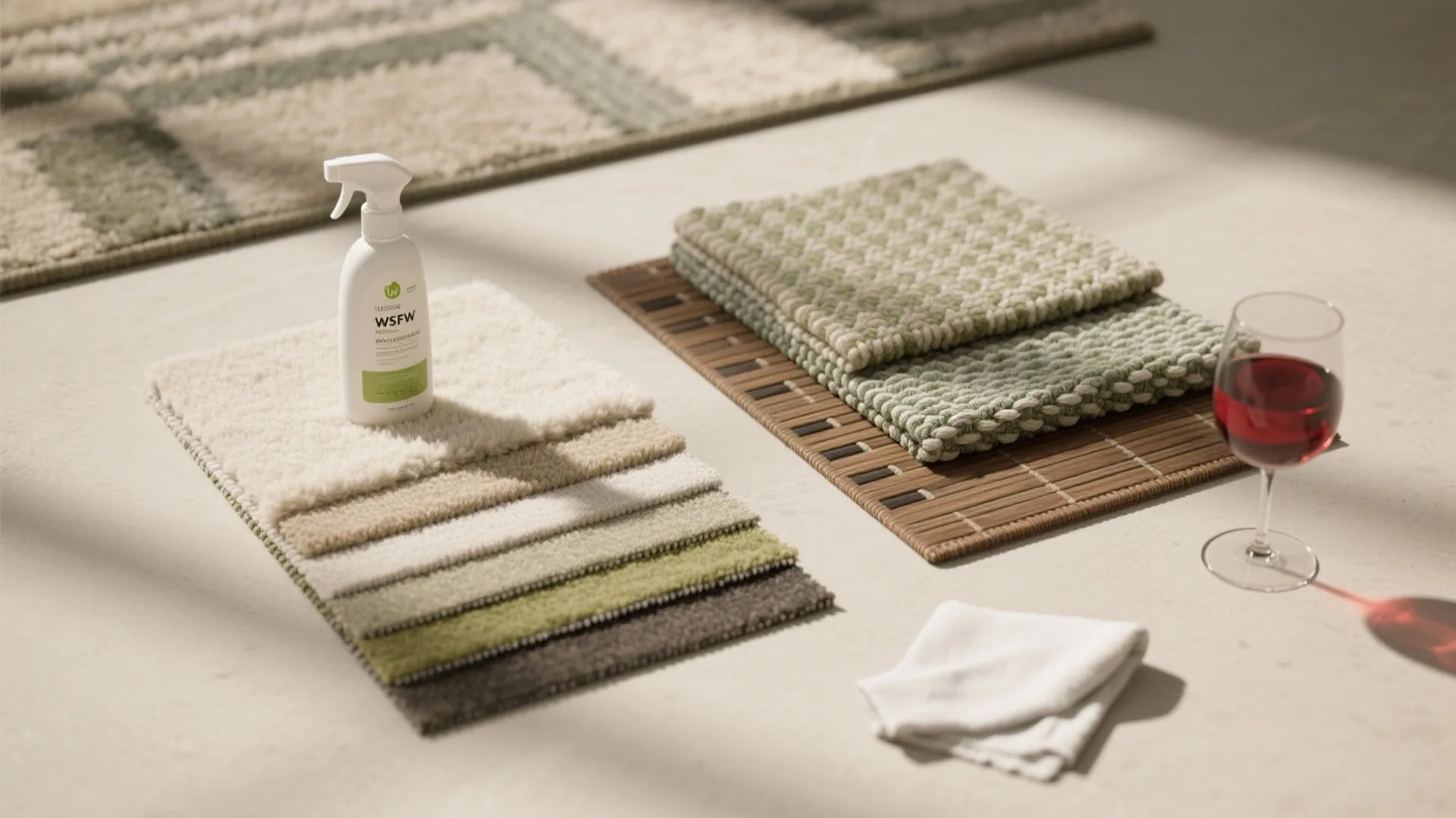 Collection of rug fabric samples with a cleaning spray bottle and a glass of wine