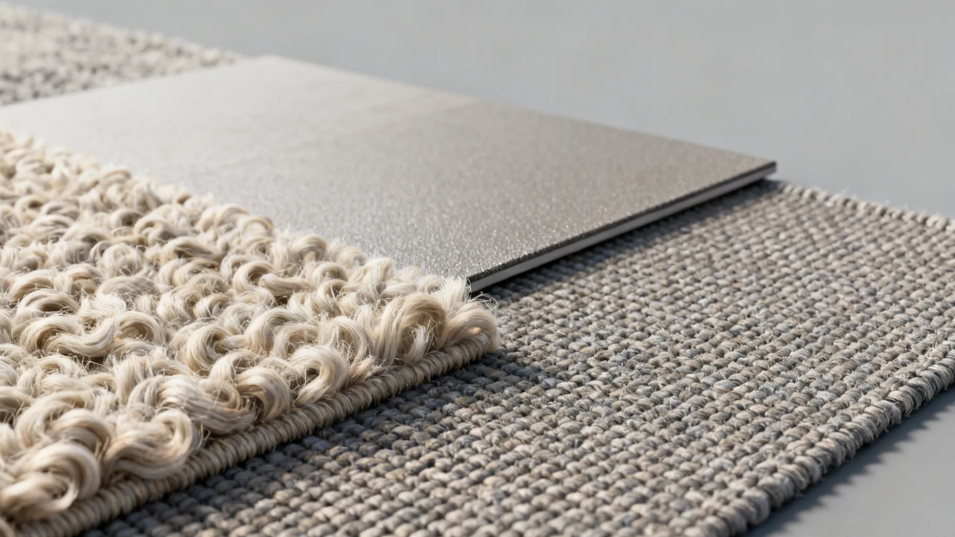 Close-up of rug material swatches including wool and synthetic fibers