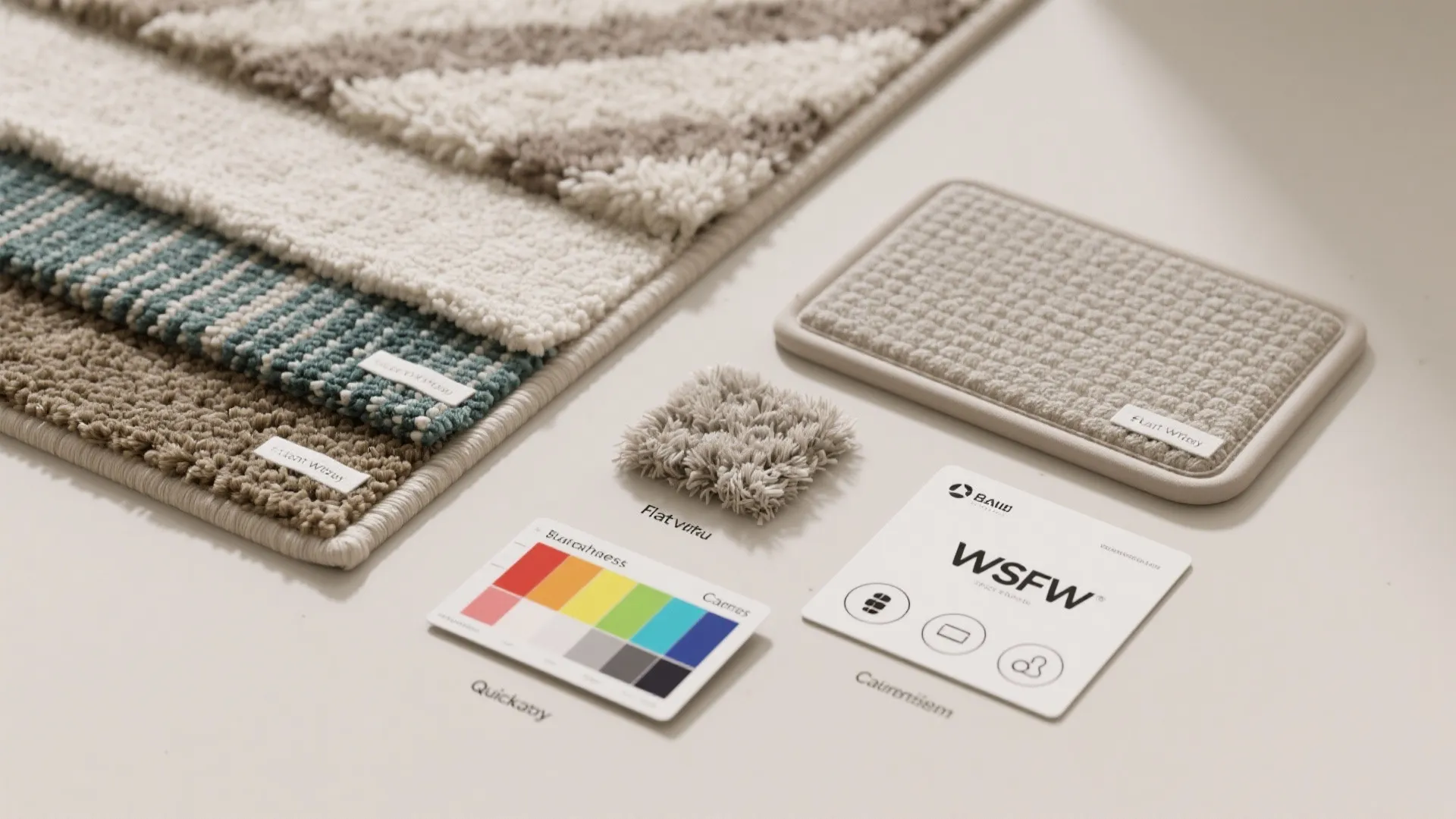 Various carpet material samples with different textures and colors including beige brown and blue patterns