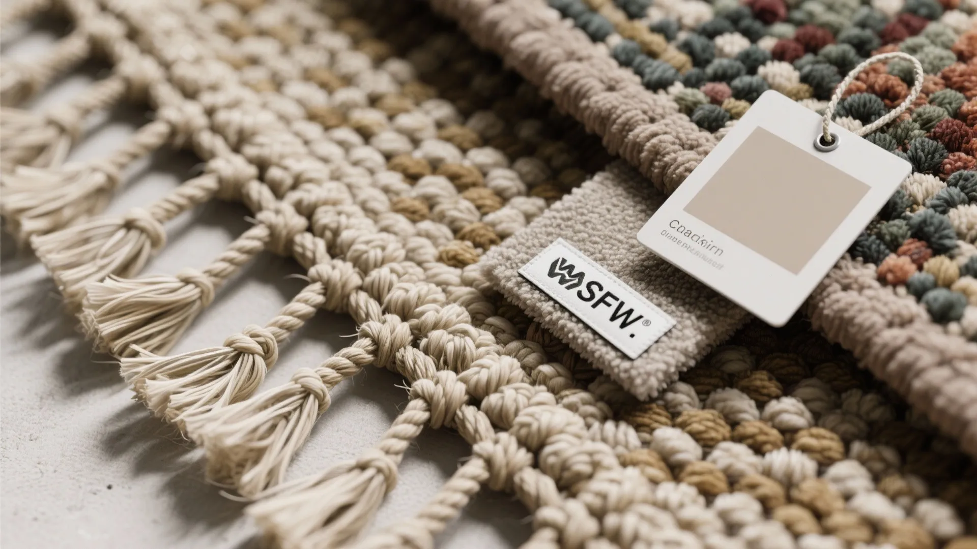 Close up view of different carpet materials showing texture fringe details and a small color tag