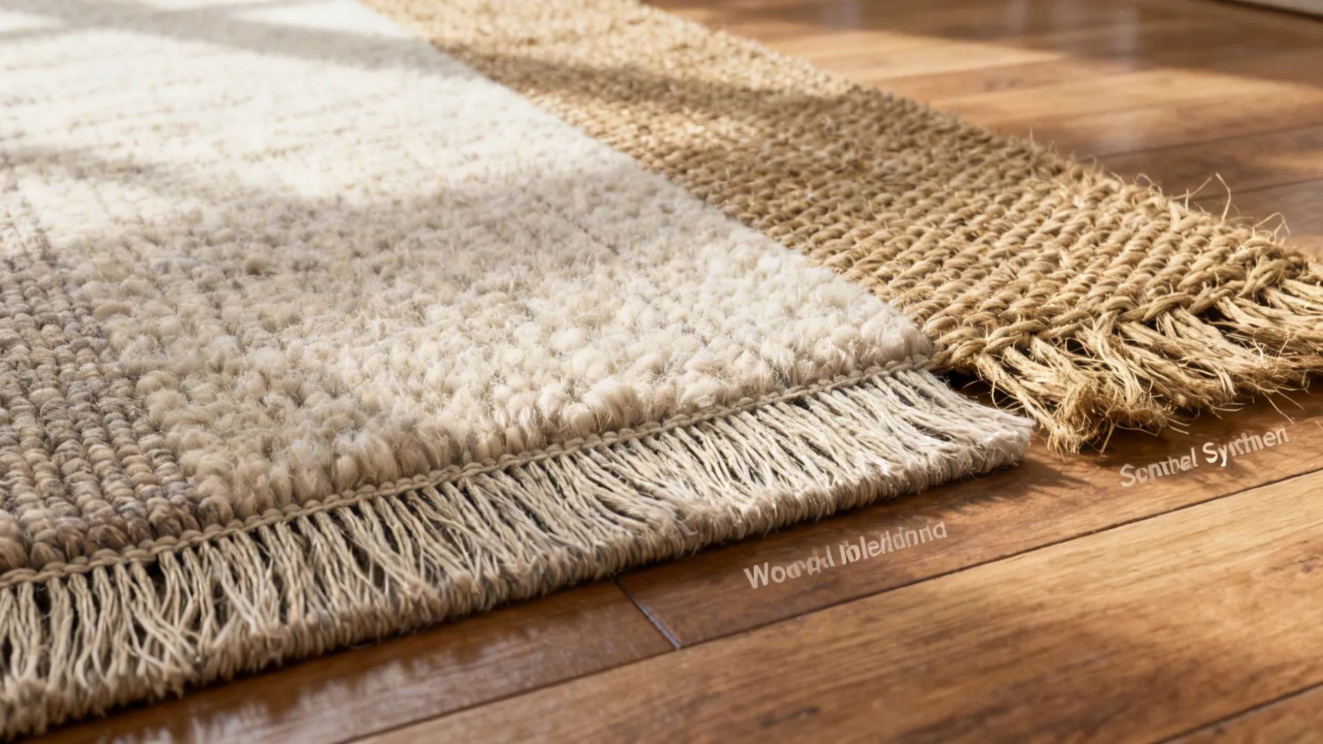 Close-up comparison of wool, synthetic, and jute rug textures on a wooden floor.