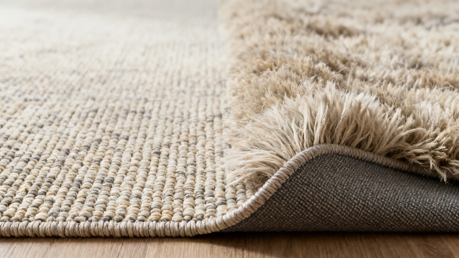 Detailed view of flat woven rug next to soft shaggy rug showing different fabric textures side