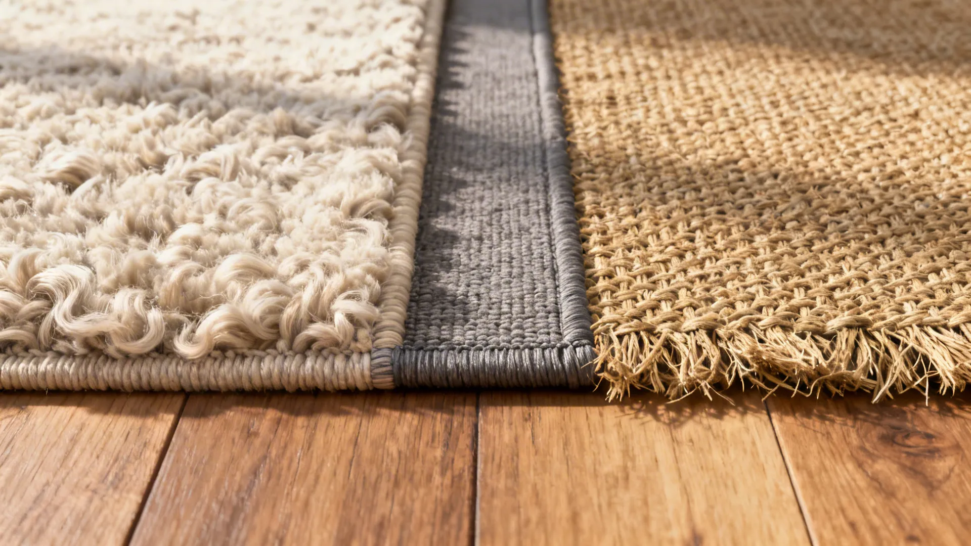 Detailed comparison showing three different rug materials including soft wool and woven textures on floor