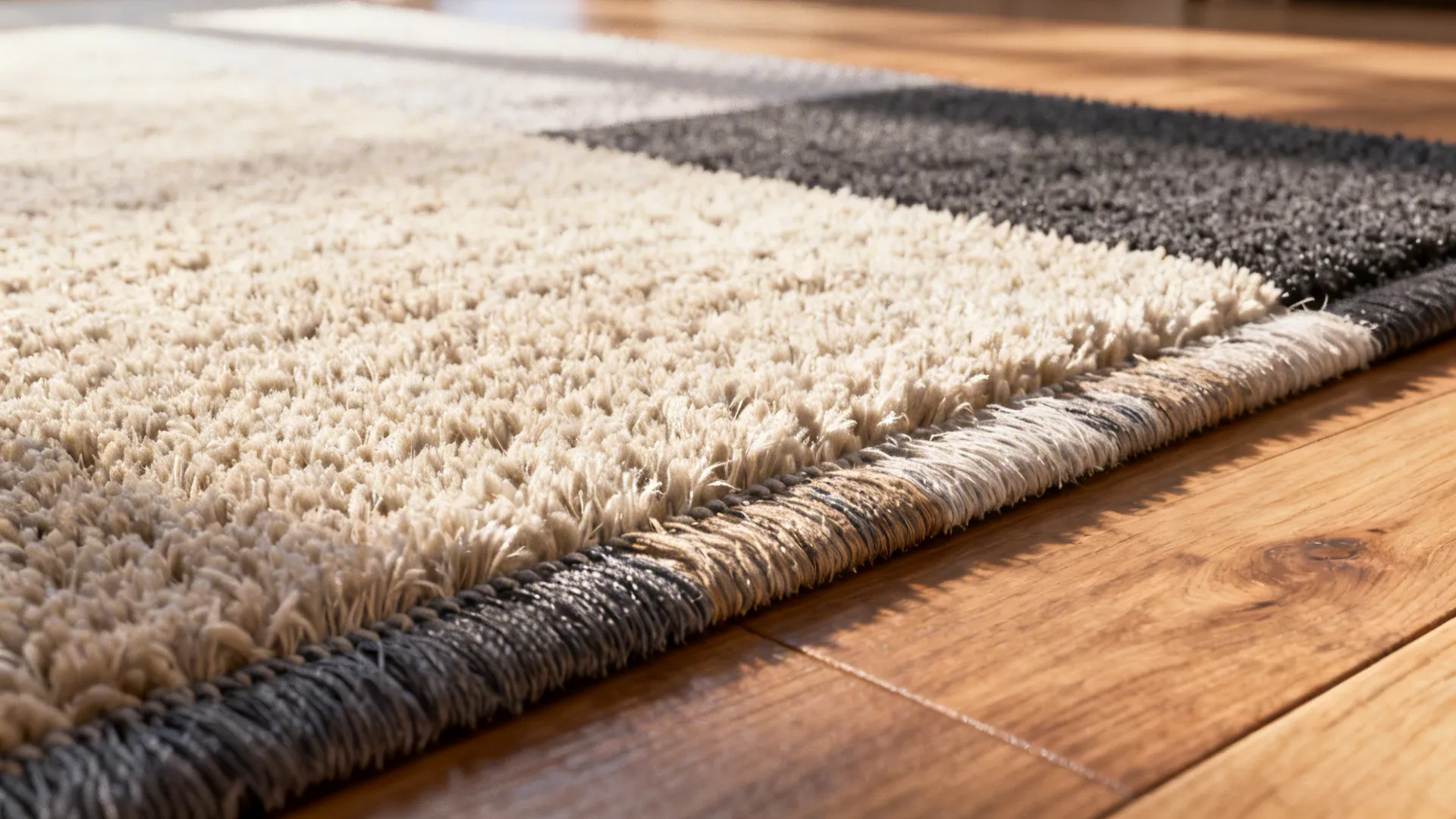 Close-up of wool and synthetic rug textures showing pile differences and woven edges.