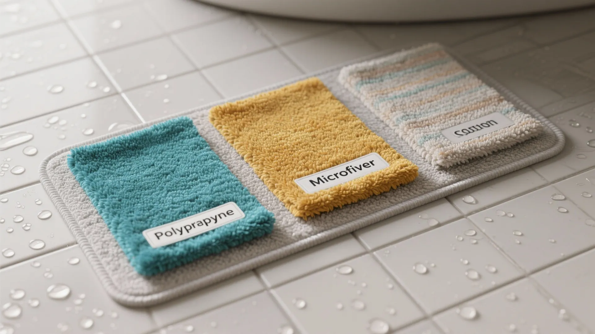 Swatches of polypropylene, microfiber, and cotton bathroom rugs with non-slip pad detail.