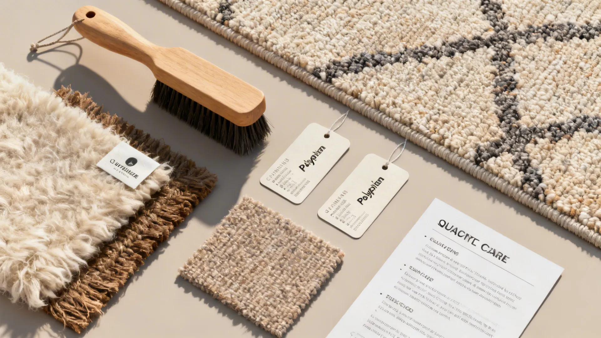 Flatlay of rug material swatches and cleaning tools with an FAQ reference