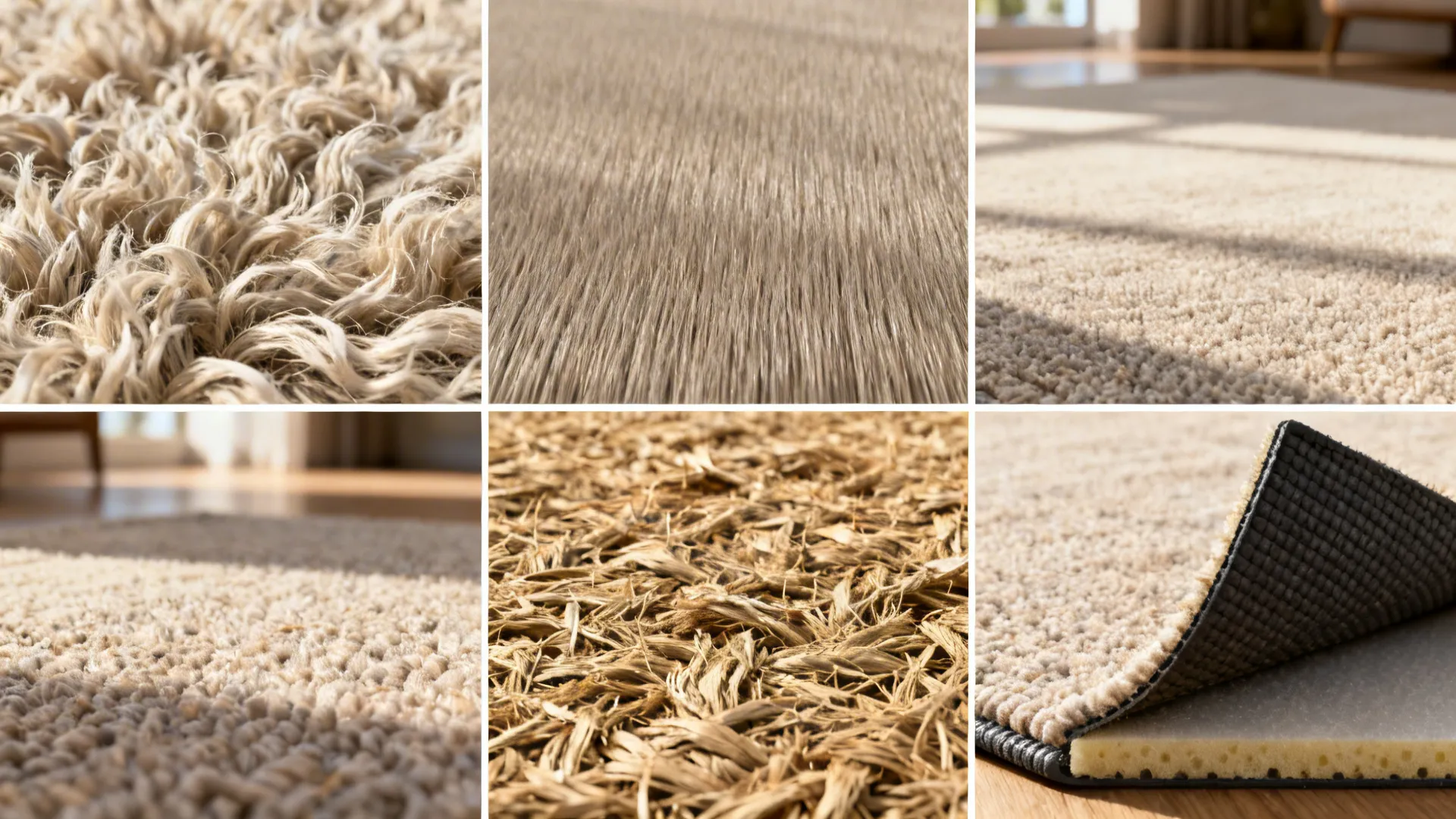 Macro collage of rug materials (wool blend, synthetic, jute) and a rug pad corner showing textures and durability.